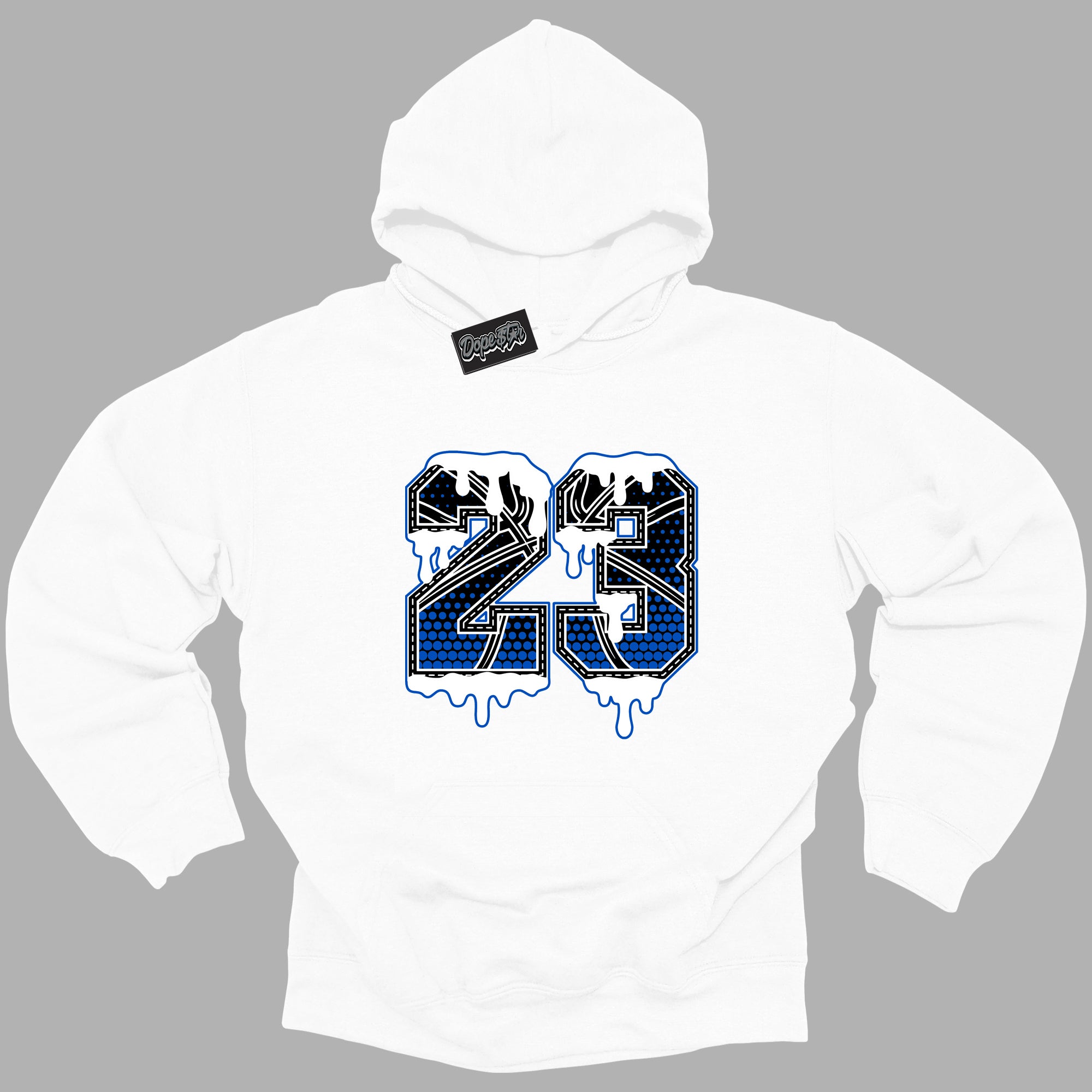 Cool White Hoodie with “ 23 Ball ” design that Perfectly Matches Royal Reimagined 1s Sneakers.