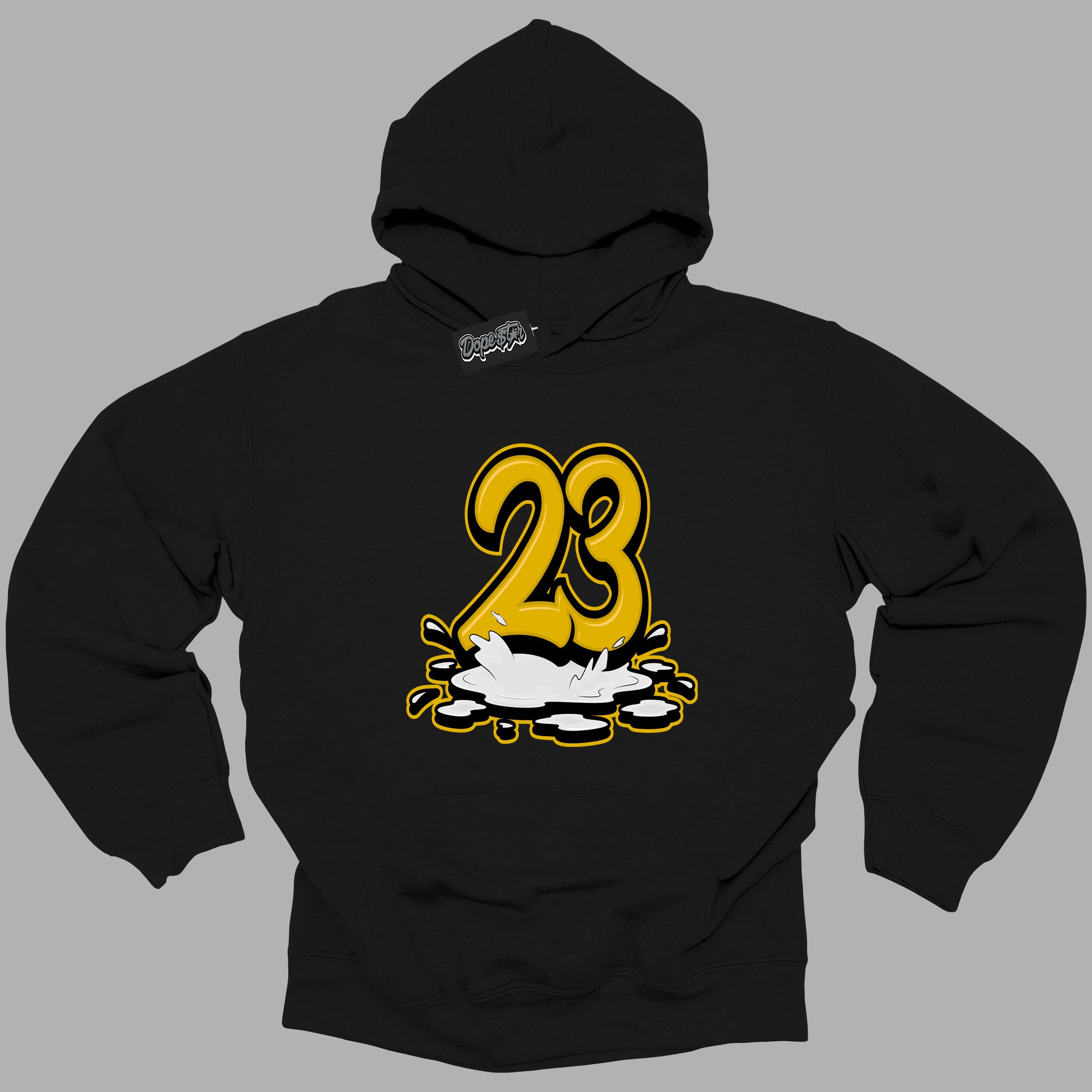 Cool Black Hoodie with “ 23 Melting ” design that Perfectly Matches Yellow Ochre 6s Sneakers.
