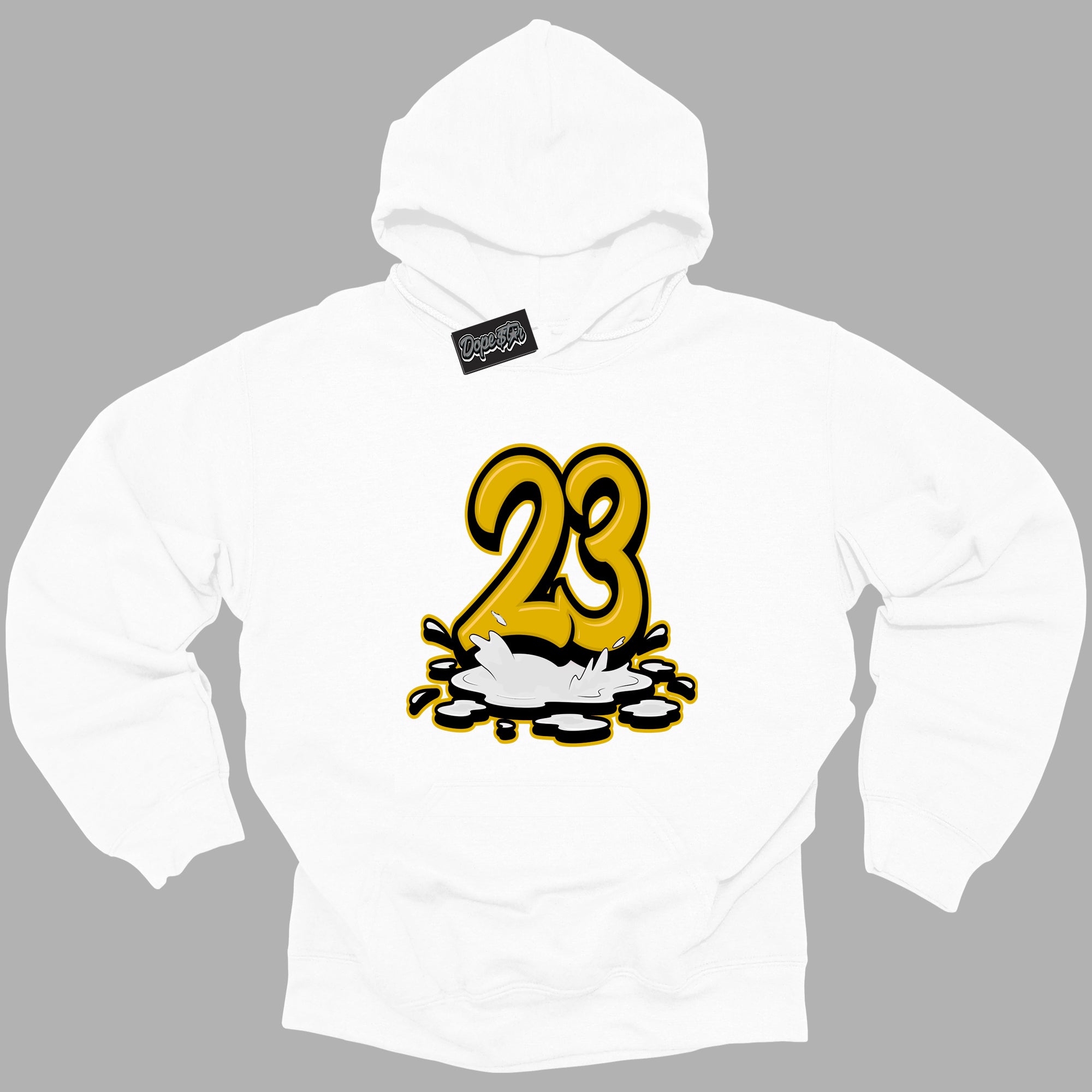 Cool White Hoodie with “ 23 Melting ” design that Perfectly Matches Yellow Ochre 6s Sneakers.
