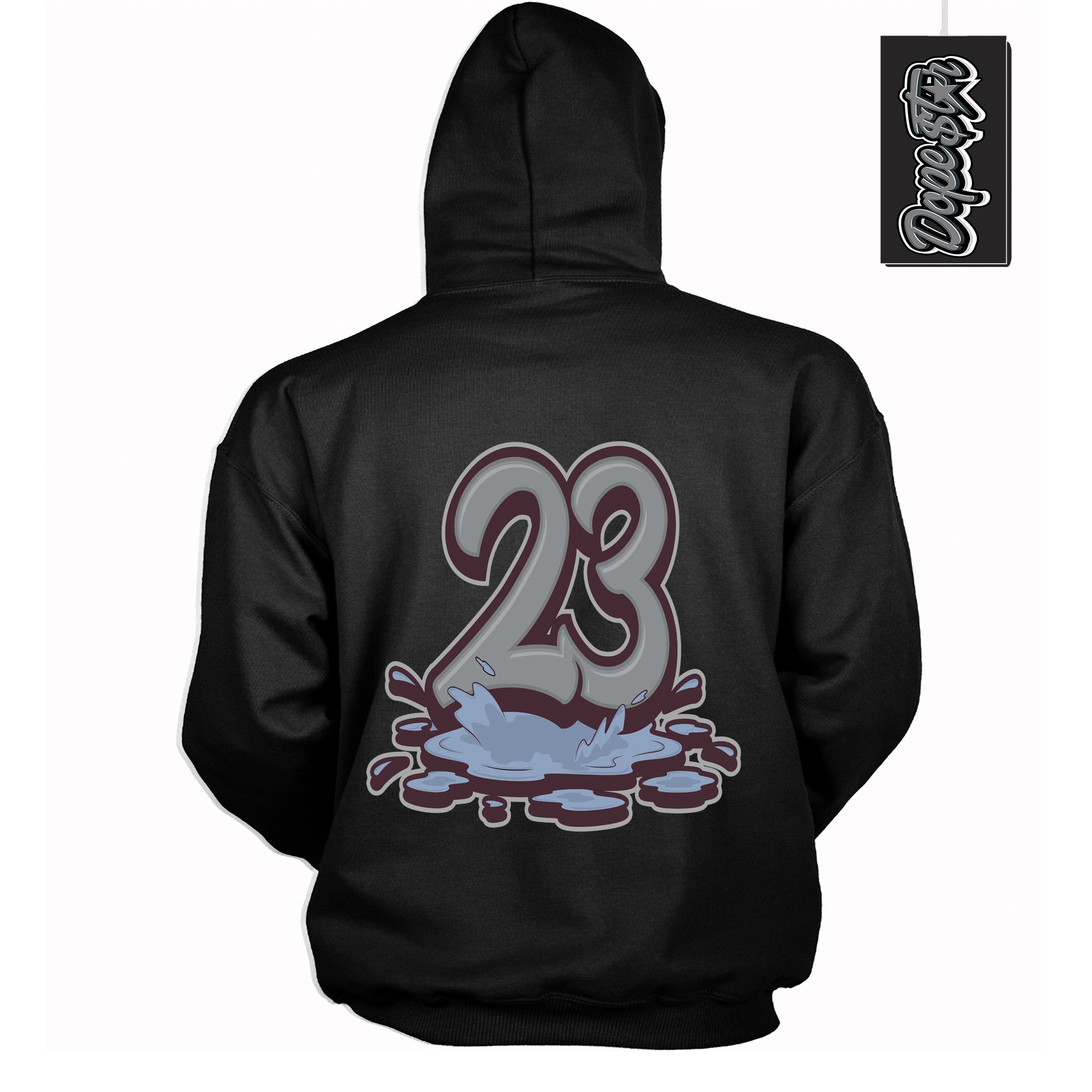 Cool Black Hoodie with “ 23 Melting ” design that Perfectly Matches Burgundy 5s Sneakers.