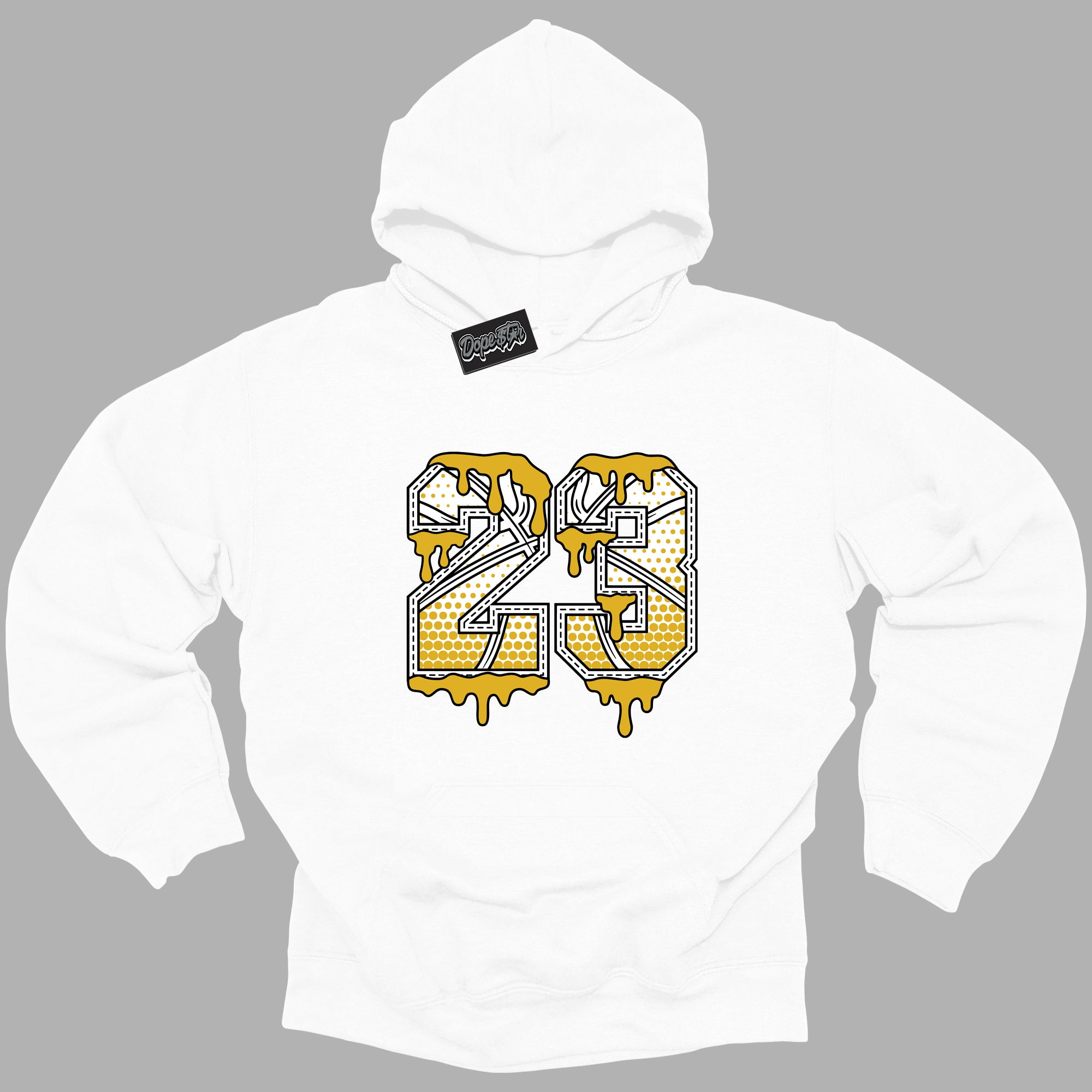 Cool White Hoodie with “ 23 Ball ” design that Perfectly Matches Yellow Ochre 6s Sneakers.
