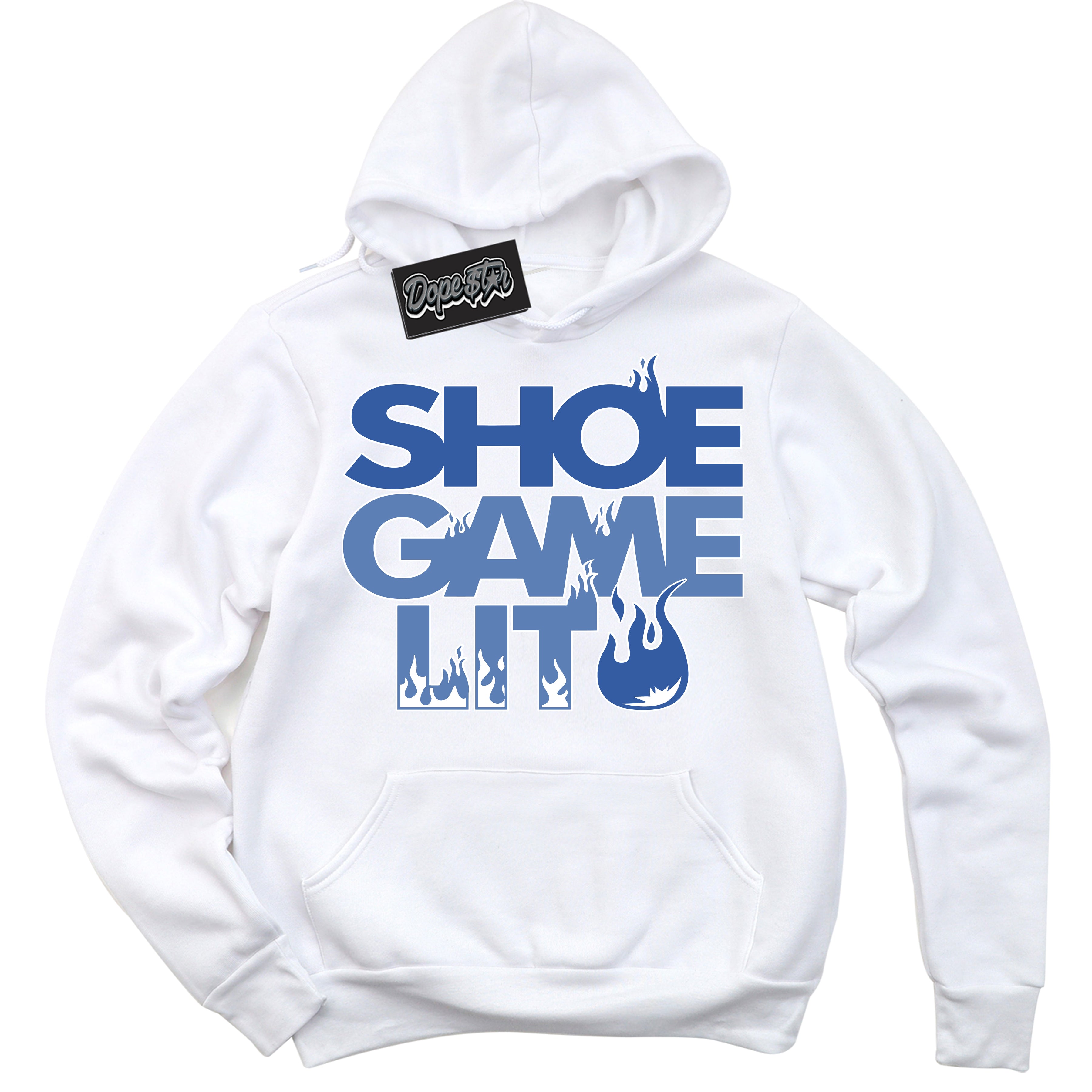 Cool White Hoodie with “ Shoe Game Lit '' design that Perfectly Matches Twist University Blue Sneakers.