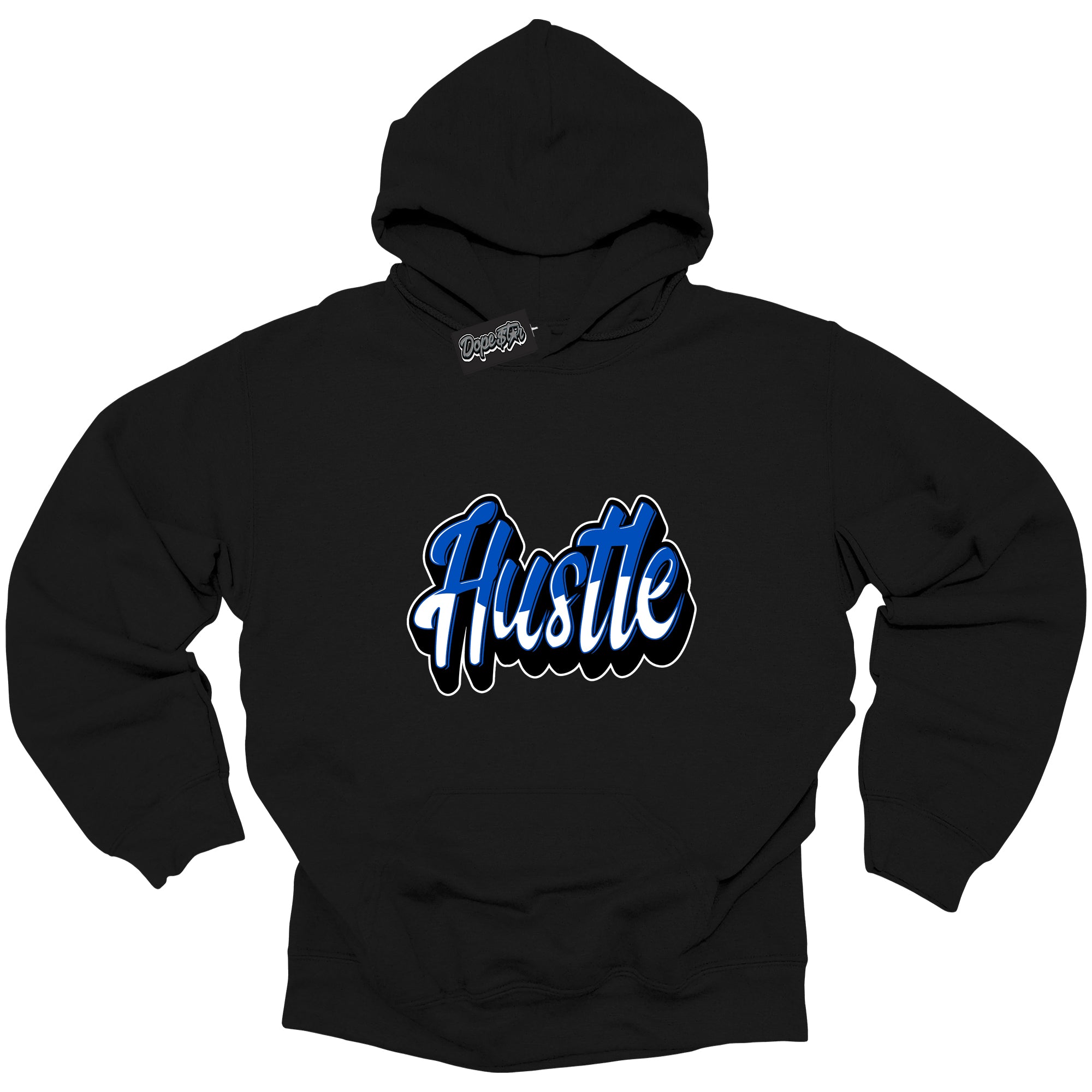 Cool Black Hoodie with “ Hustle ” design that Perfectly Matches Royal Reimagined 1s Sneakers.