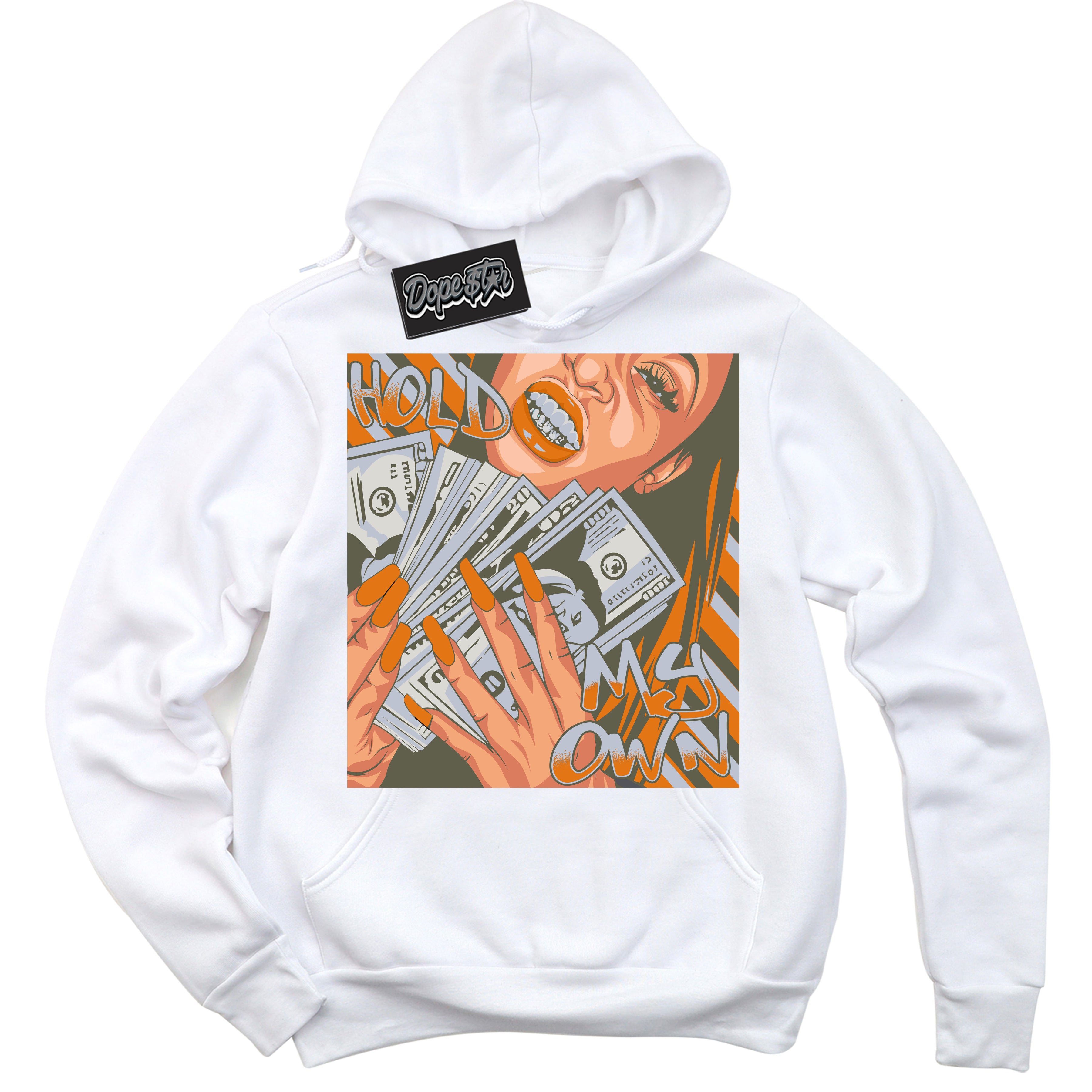 Cool White Hoodie with “ Hold My Own ” design that Perfectly Matches Olive 5s Sneakers.