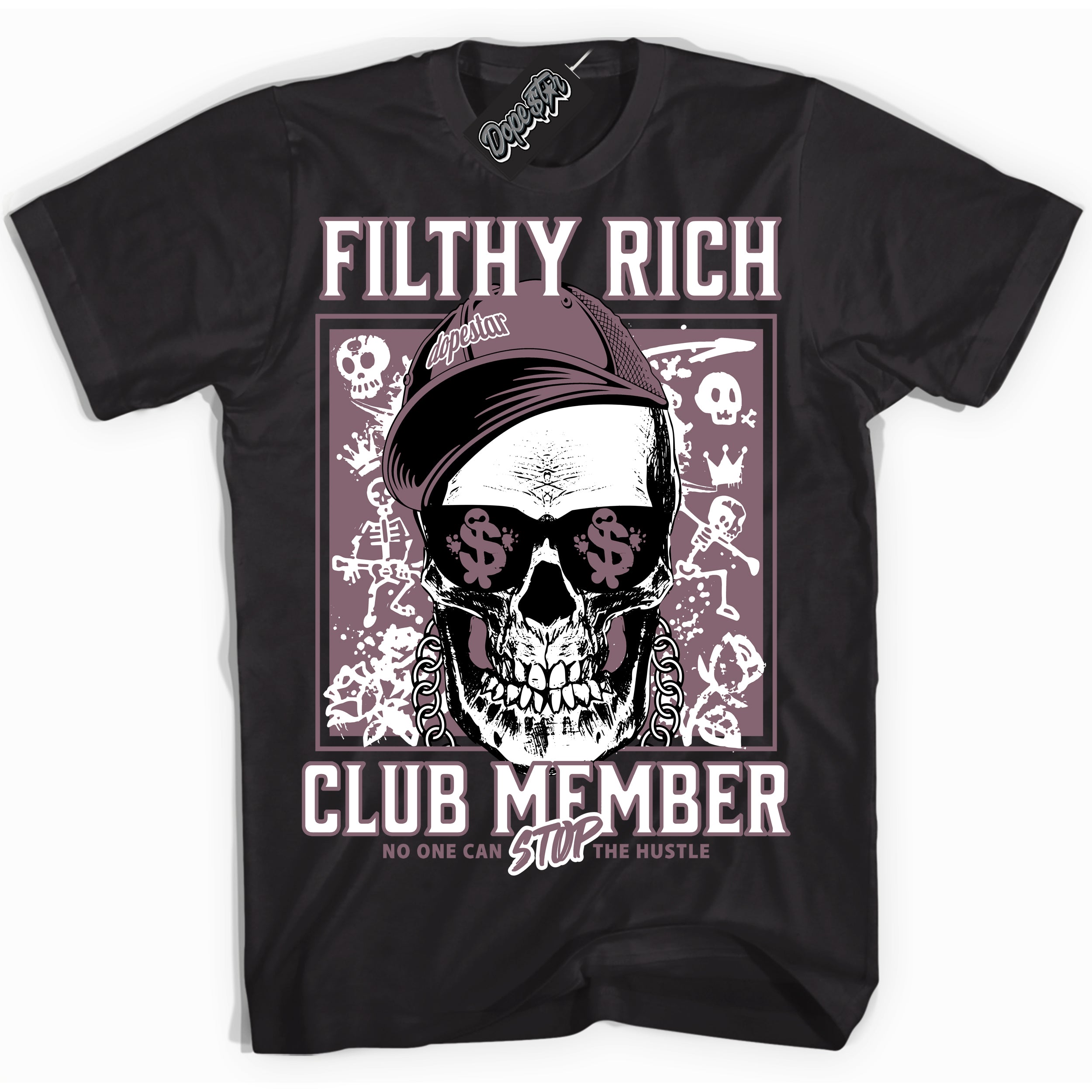 Cool Black Shirt with “ Filthy Rich” design that perfectly matches Mauve 1s Sneakers.