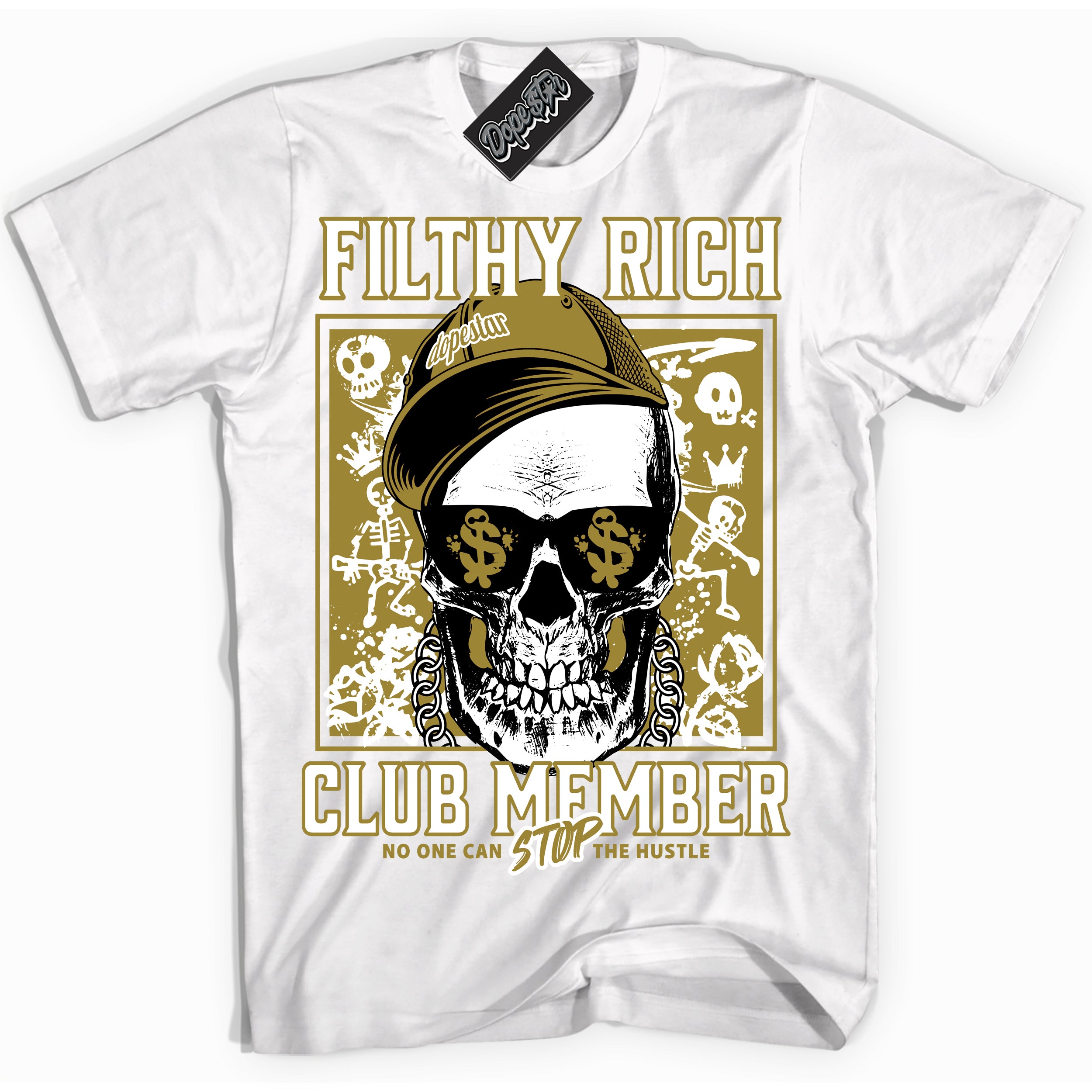 Cool White Shirt with “ Filthy Rich” design that perfectly matches Pacific Moss Dunk Sneakers.