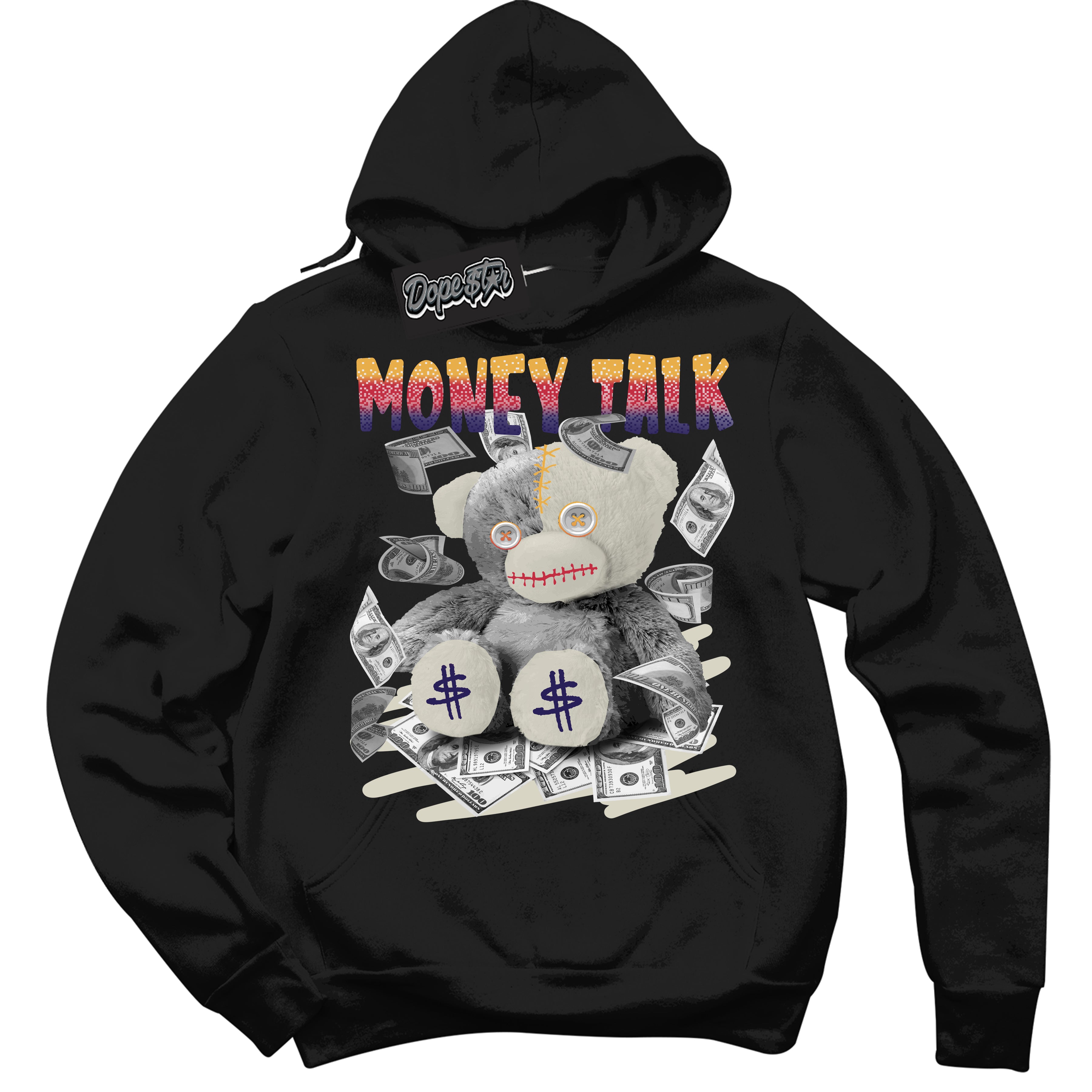 Cool Black Hoodie with “ Money Talk Bear ” design that Perfectly Matches J Balvin Sunset 3s Jordans.