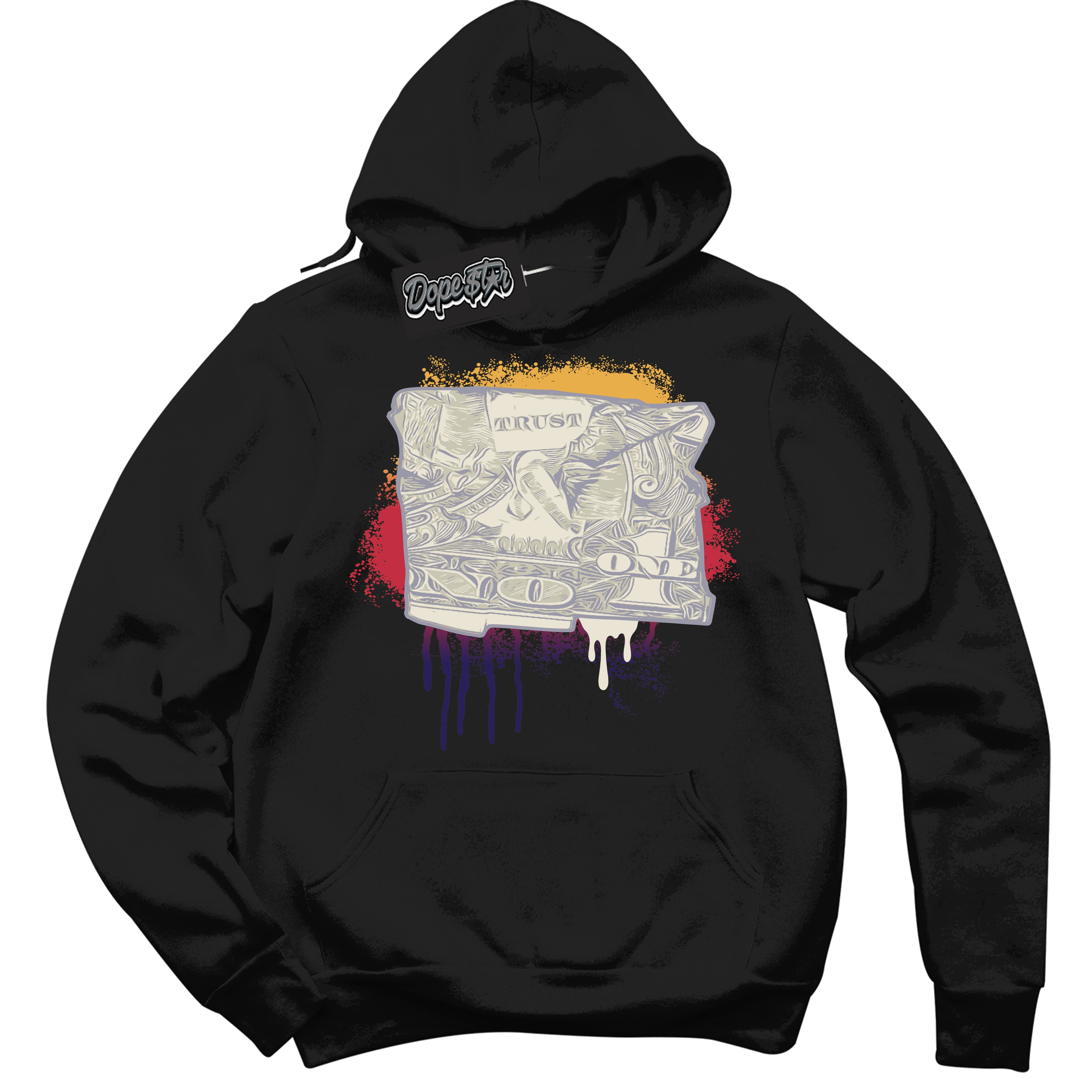 Cool Black Hoodie with “ Trust No One Dollar ” design that Perfectly Matches J Balvin Sunset 3s Jordans.