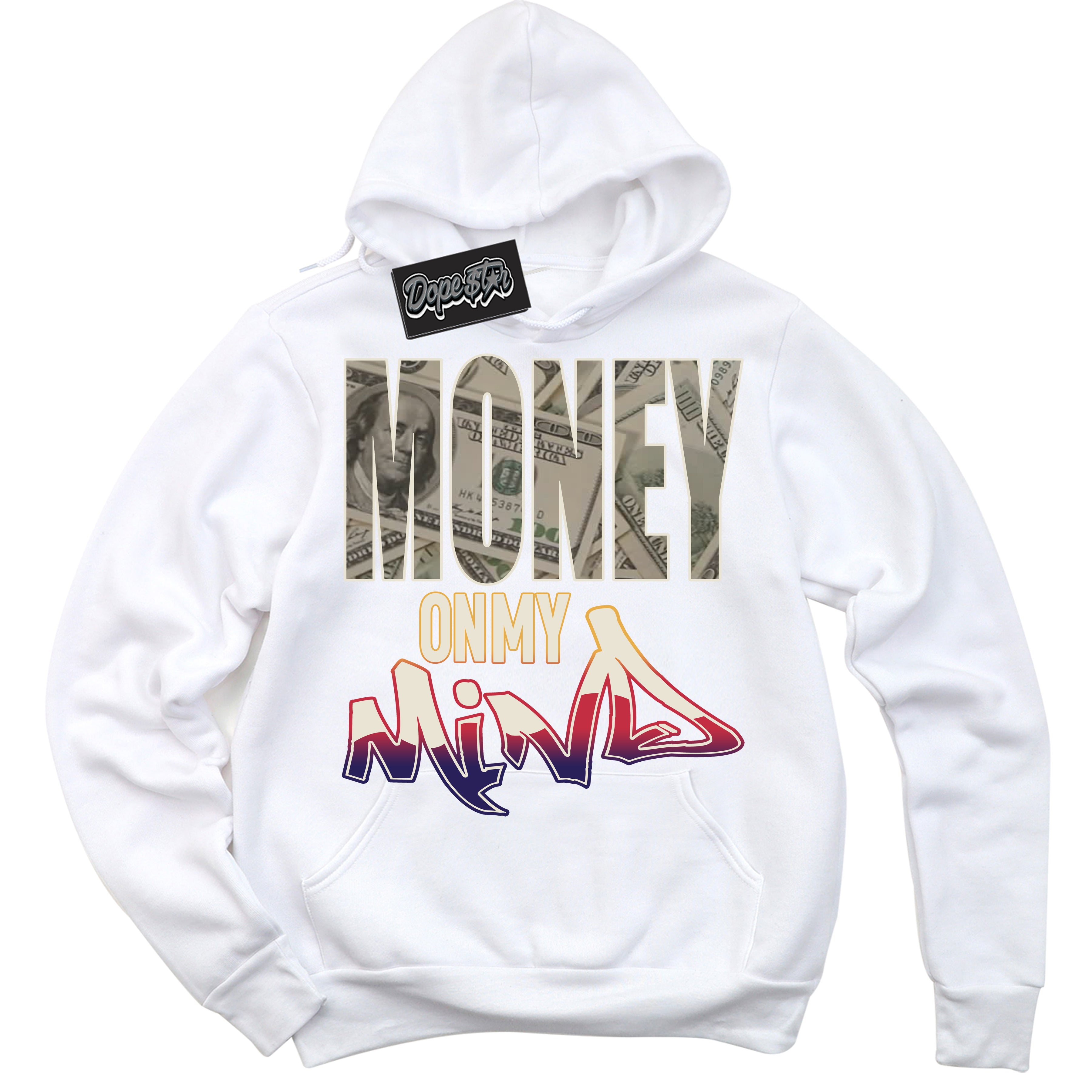 Cool White Hoodie with “ Money On My Mind ” design that Perfectly Matches J Balvin Sunset 3s Jordans.