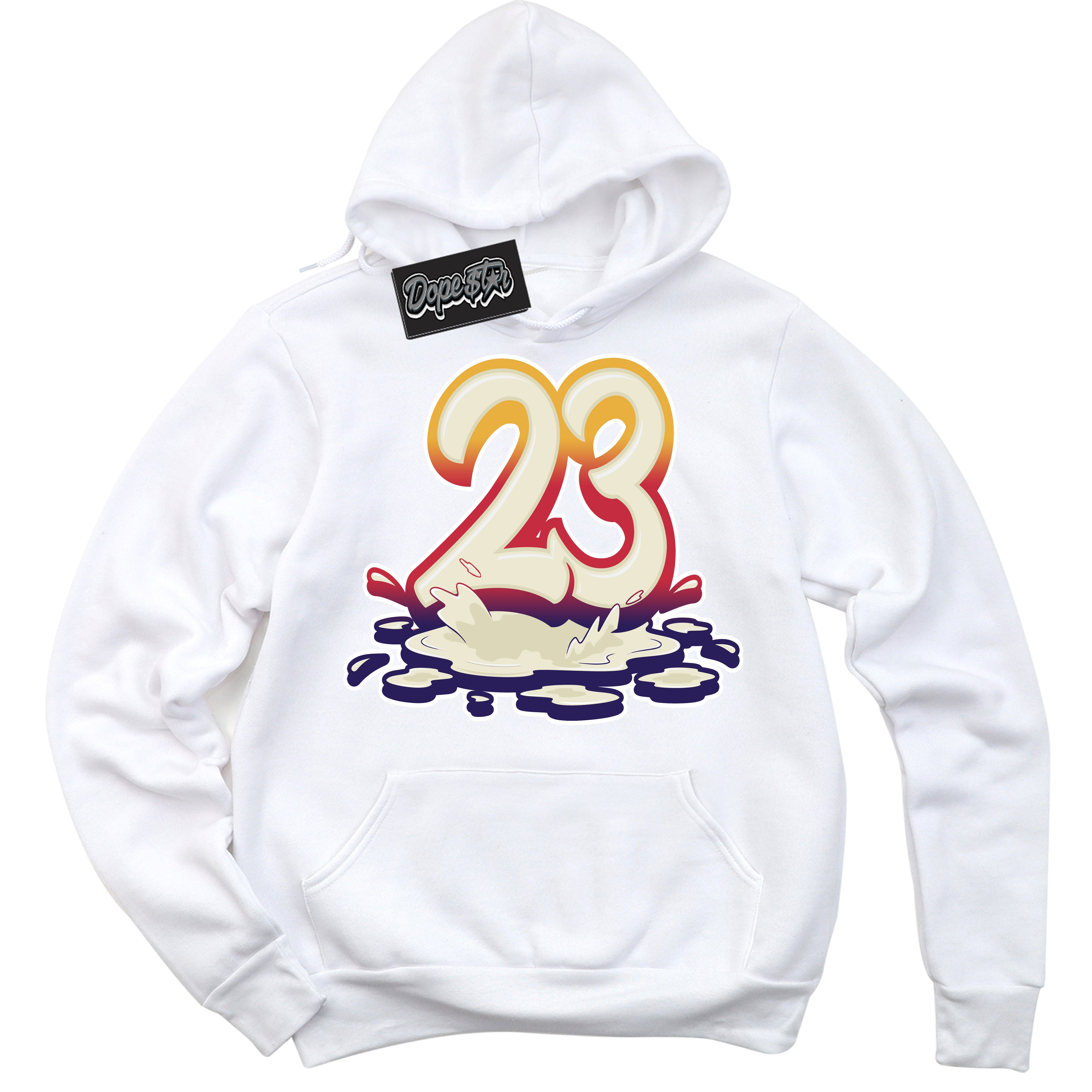 Cool White Hoodie with “ 23 Melting ” design that Perfectly Matches J Balvin Sunset 3s Jordans.