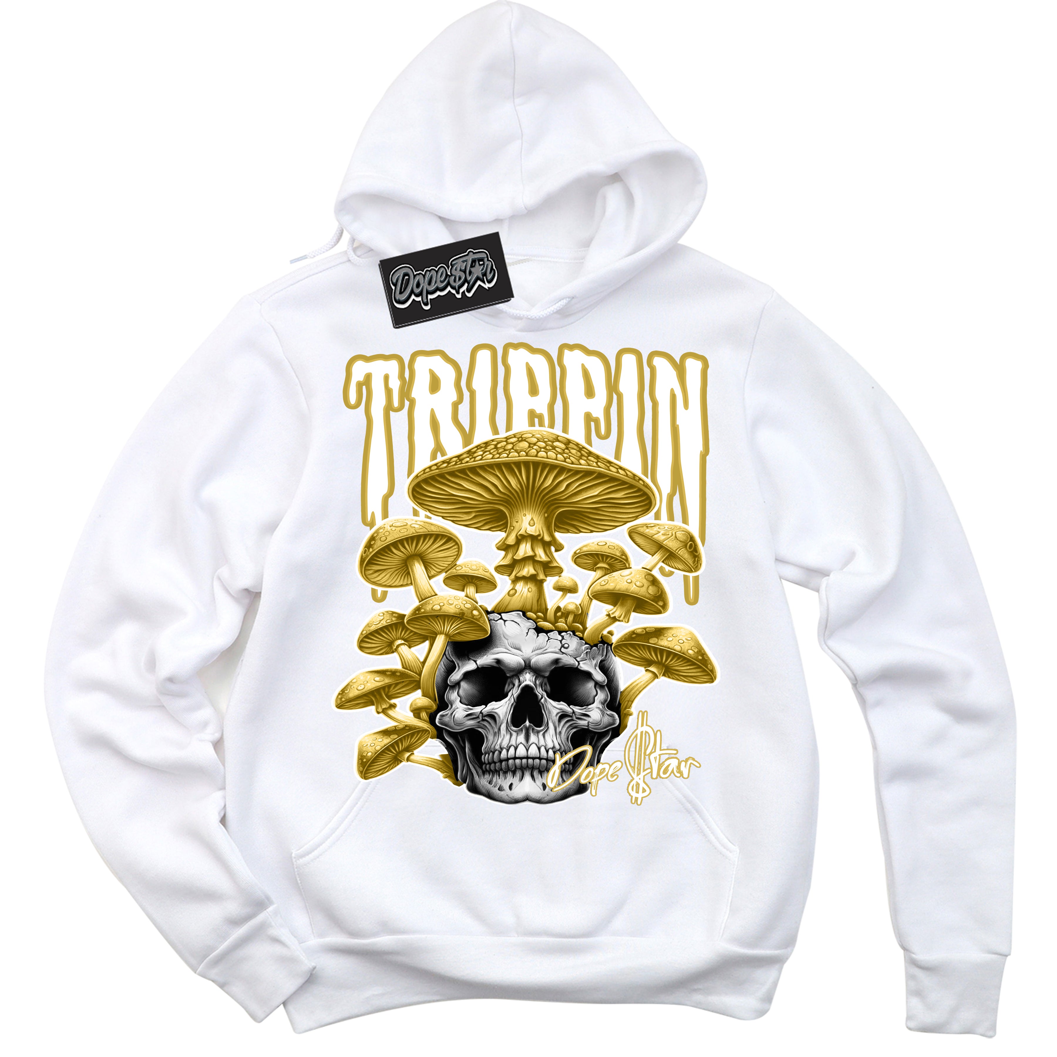 Cool White Hoodie with “ Trippin” design that Perfectly Matches Sail Metallic Gold 4s Sneakers.