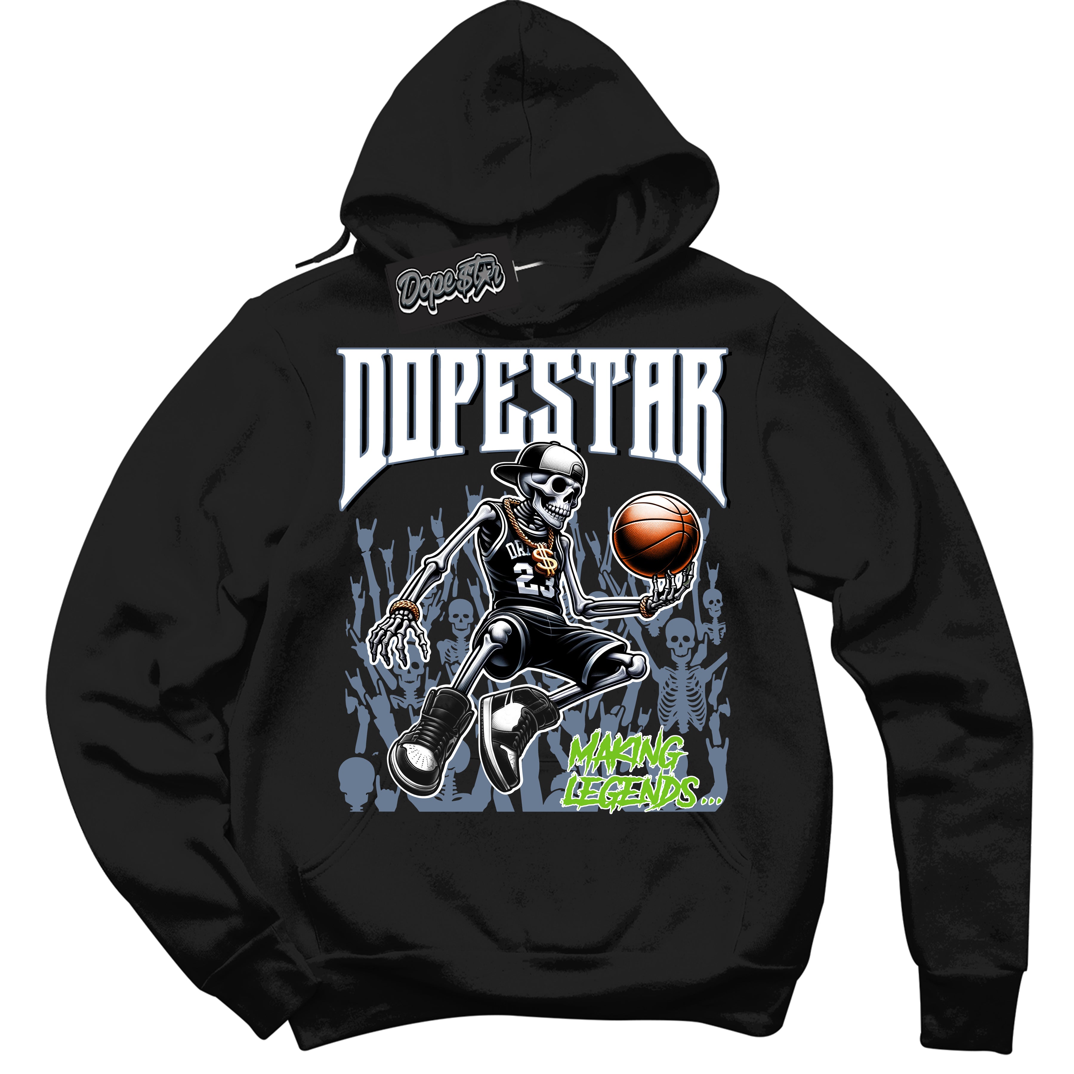 Cool Black Hoodie with “ Making Legends ” design that Perfectly Matches Blue Grey 13s Sneakers.