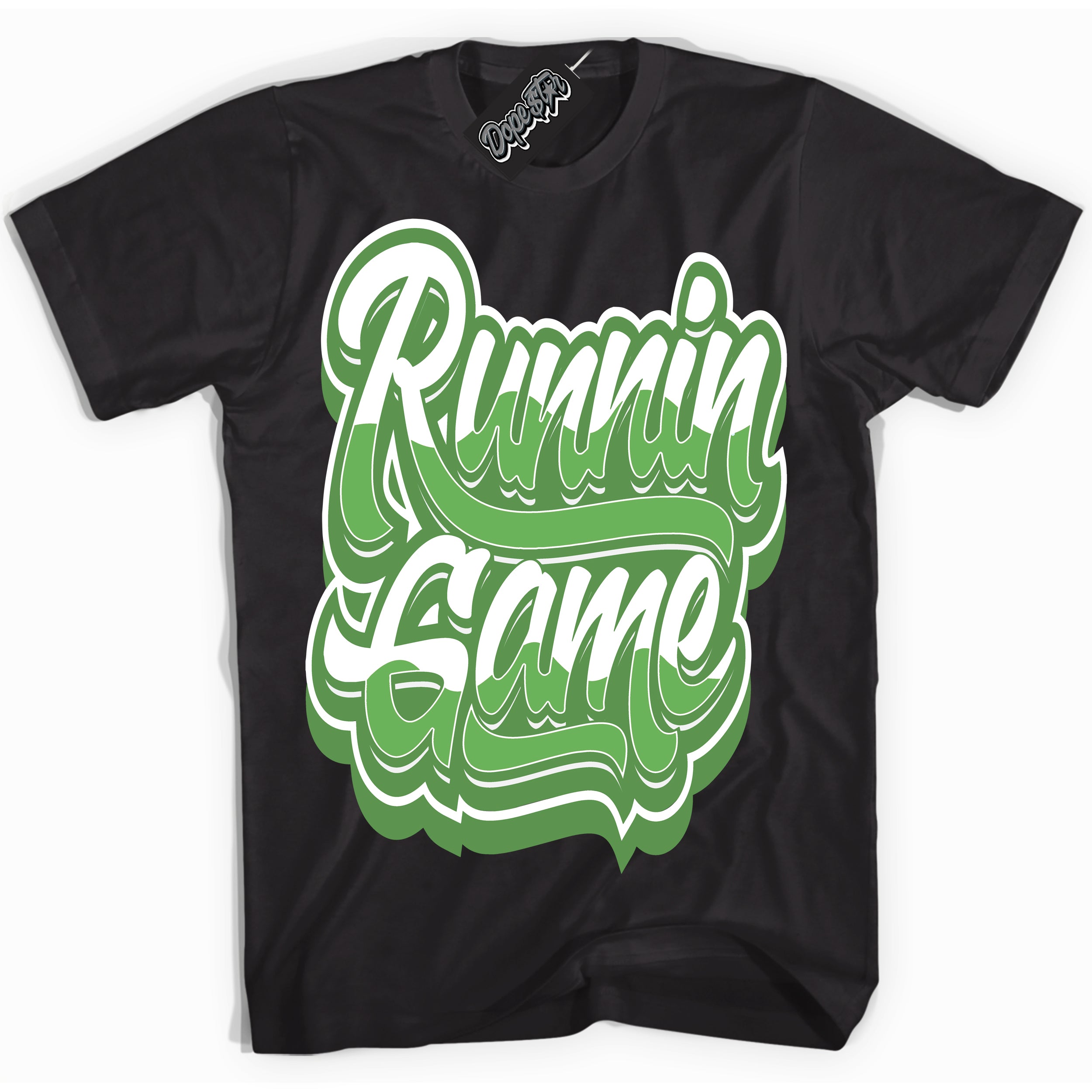 Cool Black Shirt with “ Running Game ” design that perfectly matches Chlorophyll 1s Jordans.
