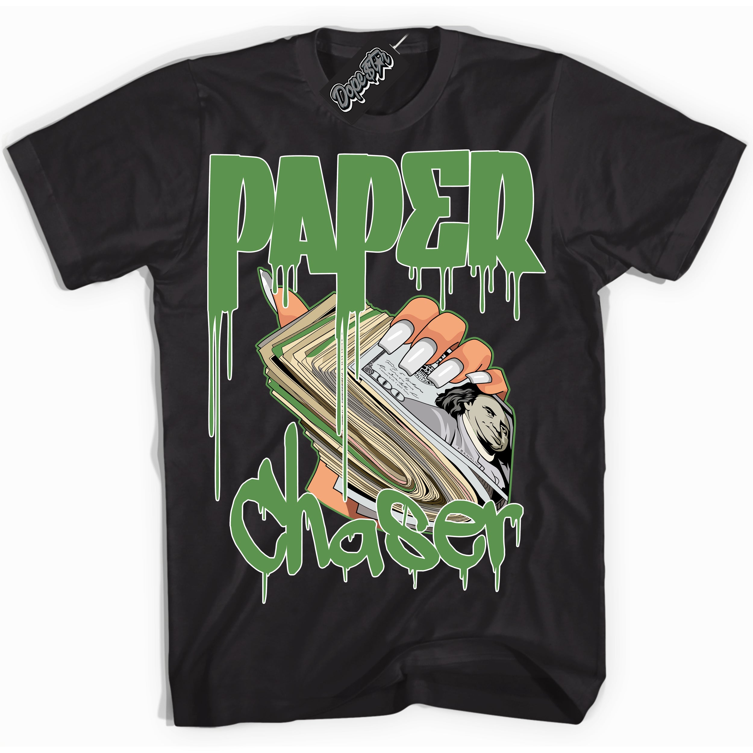Cool Black Shirt with “ Paper Chaser ” design that perfectly matches Chlorophyll 1s Jordans.