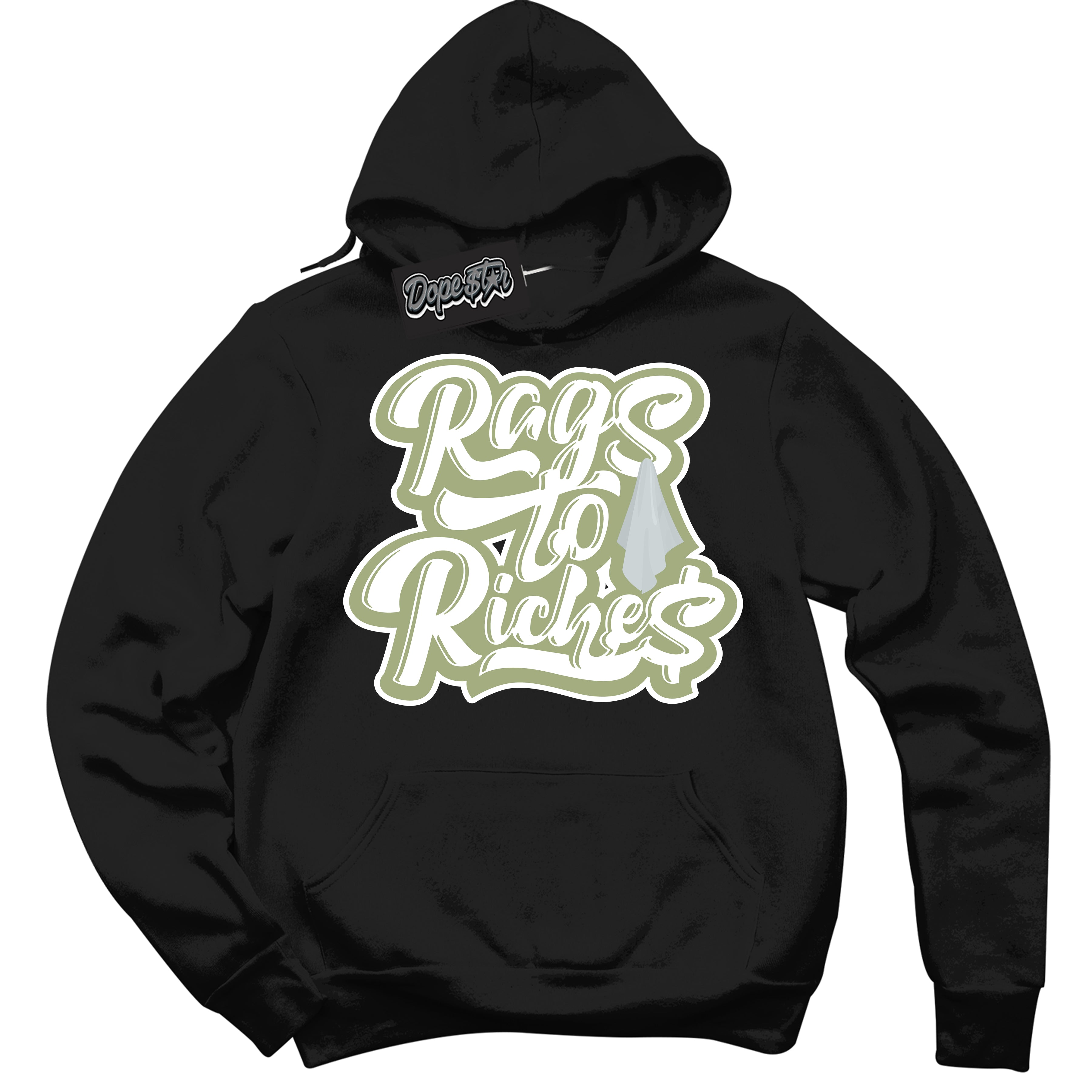 Cool Black Hoodie with “ Rags To Riches ” design that Perfectly Matches Safari Oil Green Dunk.