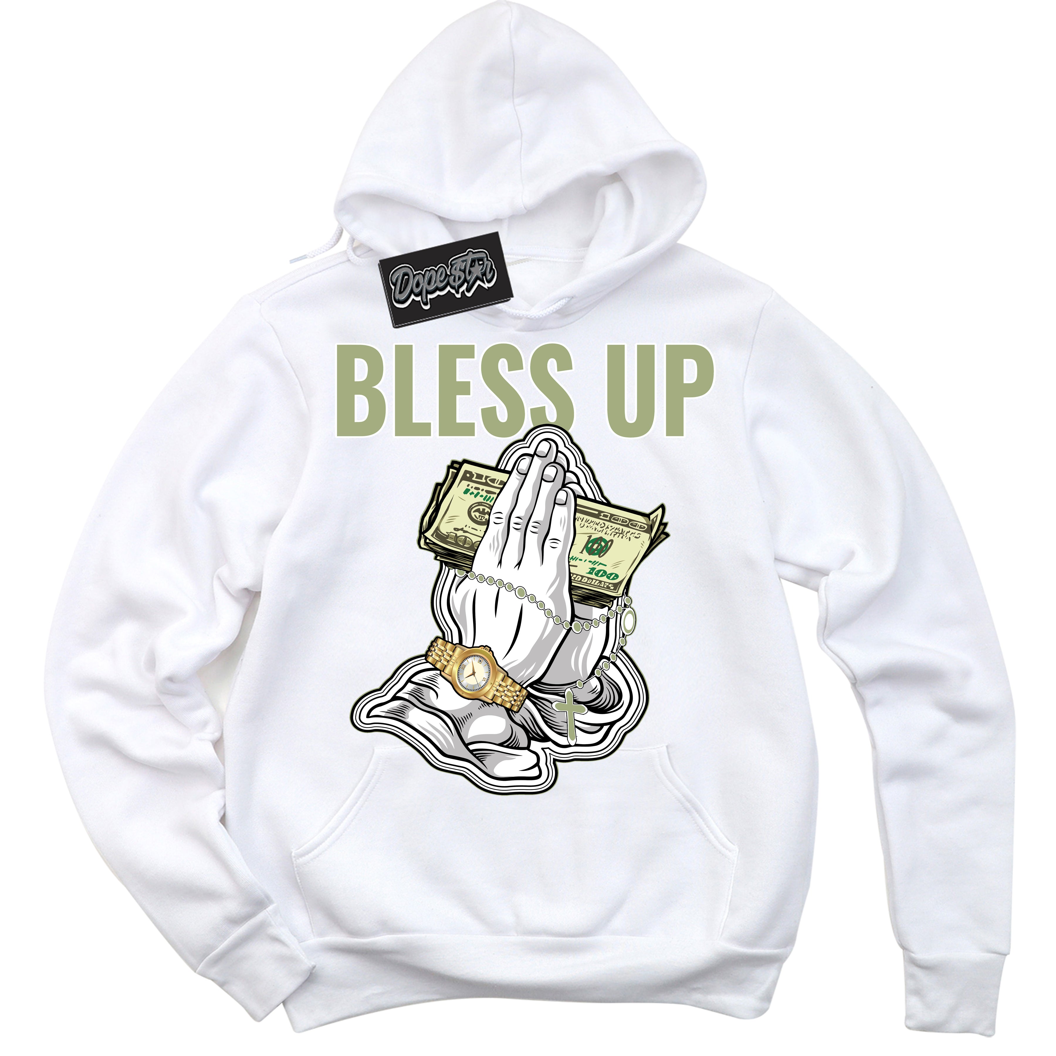 Cool White Hoodie with “ Bless Up ” design that Perfectly Matches Safari Oil Green Dunk.