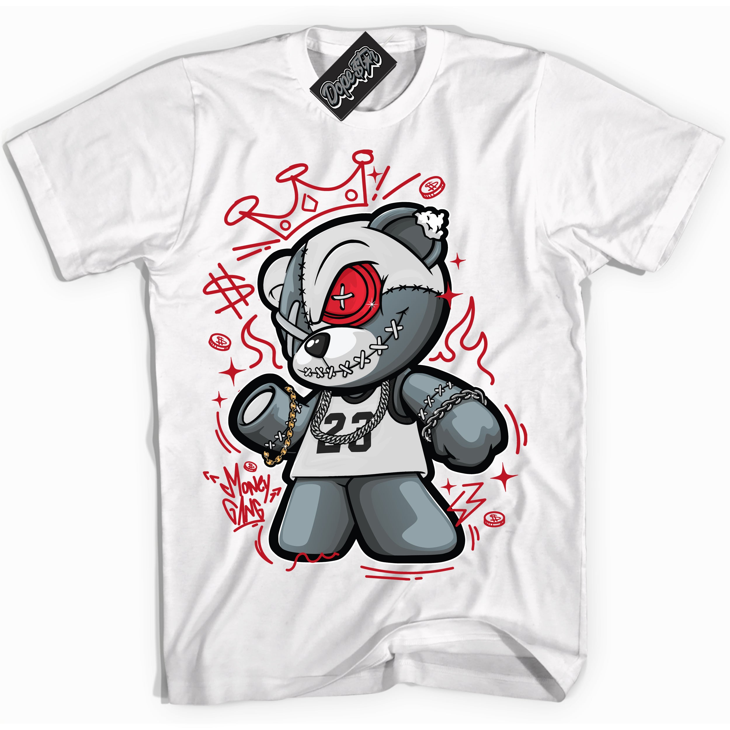 Cool White Shirt with “ Money Gang Bear ” design that perfectly matches Trophy Room 1s Jordans.