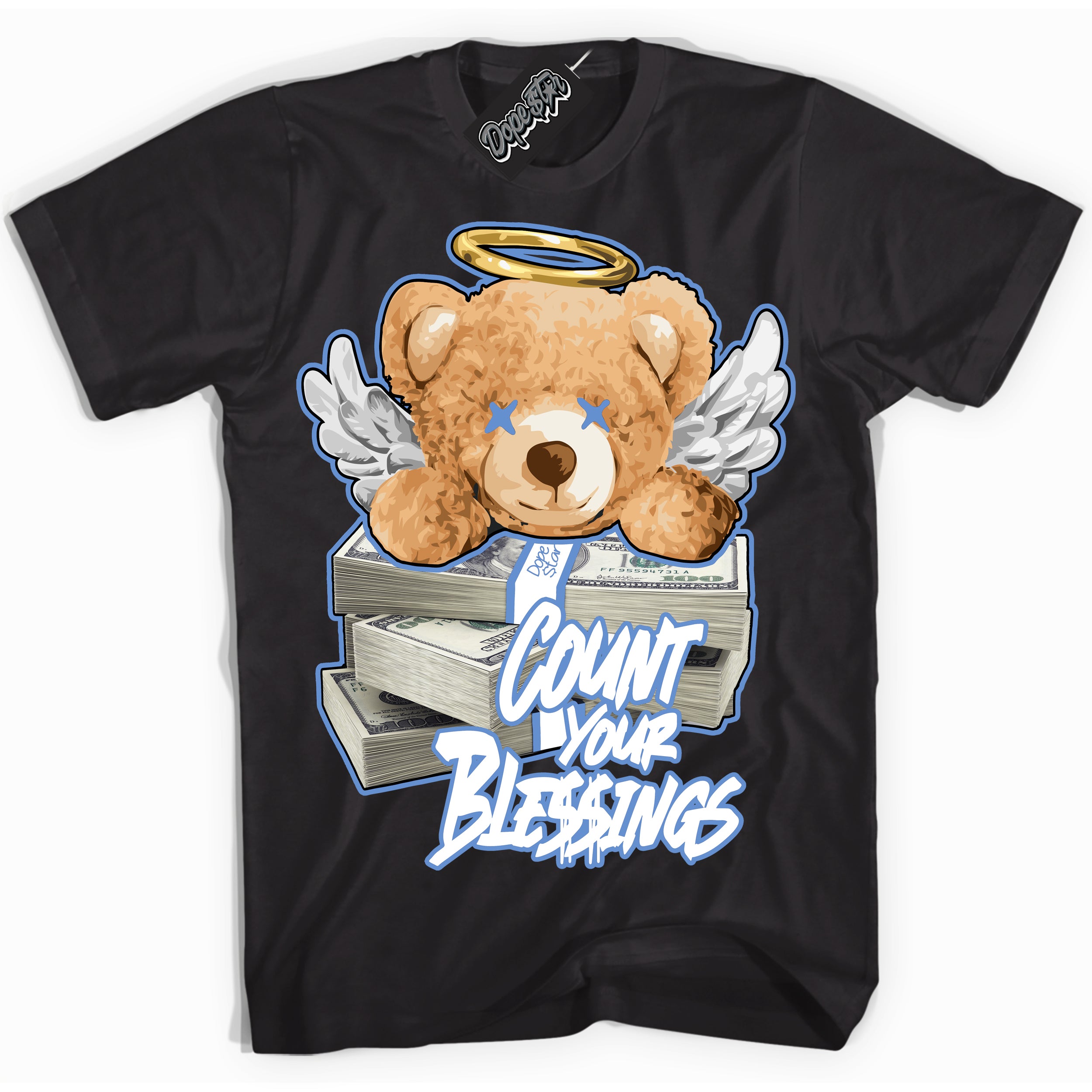 Cool Black Shirt with “ Count Your Blessings ” design that perfectly matches Polar Blue Dunk.