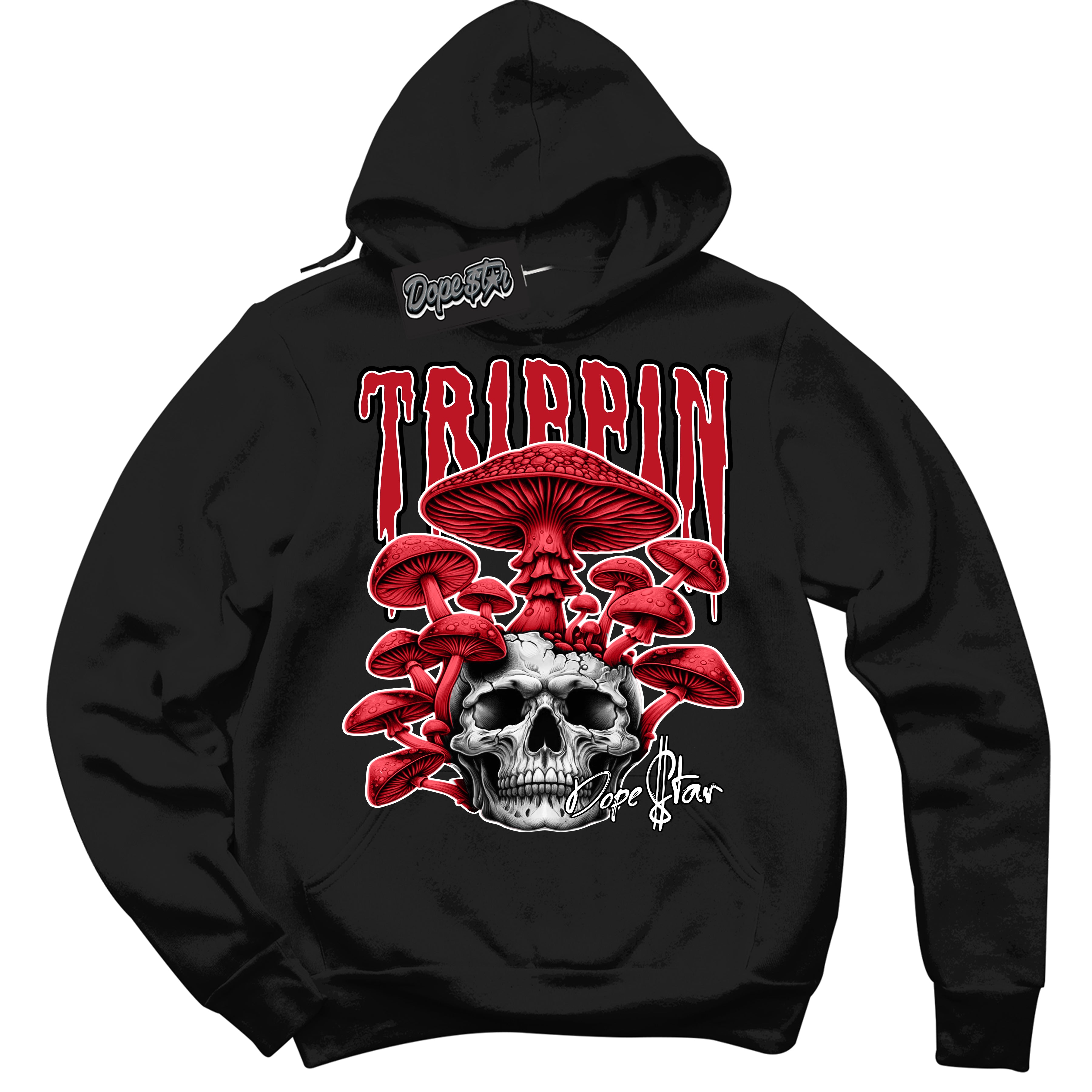 Cool Black Hoodie with “ Trippin ” design that Perfectly Matches Black Dragon Red Dunk.