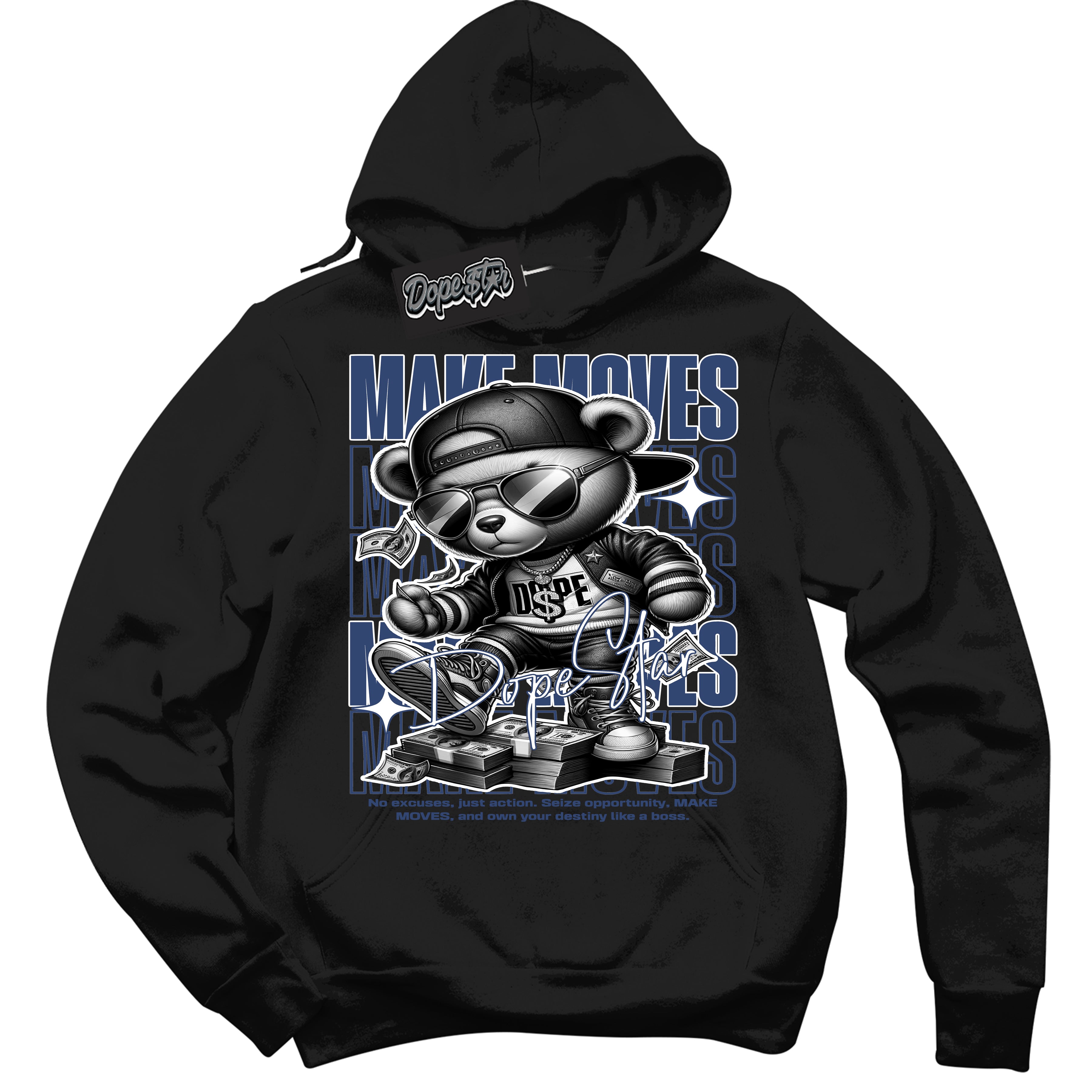 Cool Black Hoodie with “ Make Moves ” design that Perfectly Matches Diffused Blue 11s Jordans.