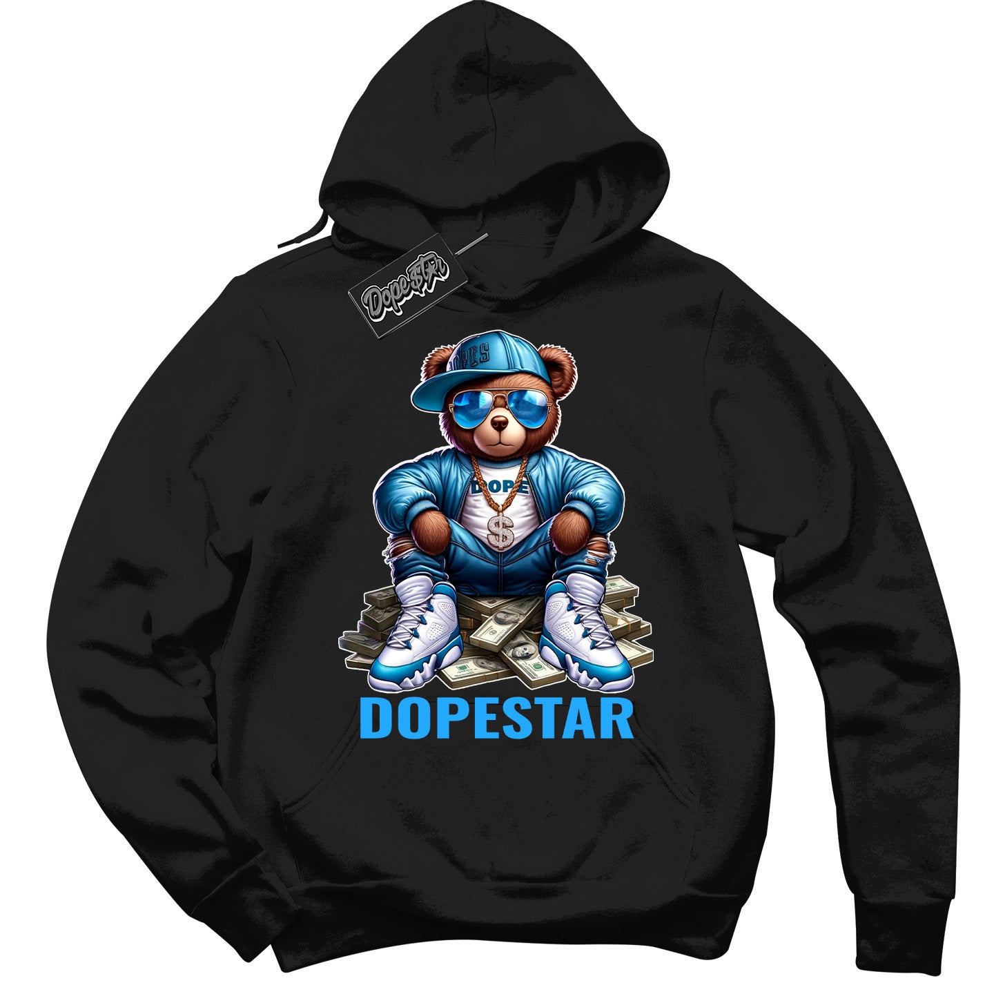 Cool Black Graphic DopeStar Hoodie with “ Dope Bear “ print, that perfectly matches Powder Blue 9s sneakers