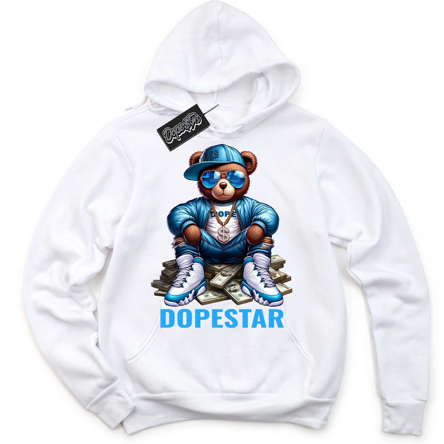 Cool White Graphic DopeStar Hoodie with “ Dope Bear “ print, that perfectly matches Powder Blue 9s sneakers