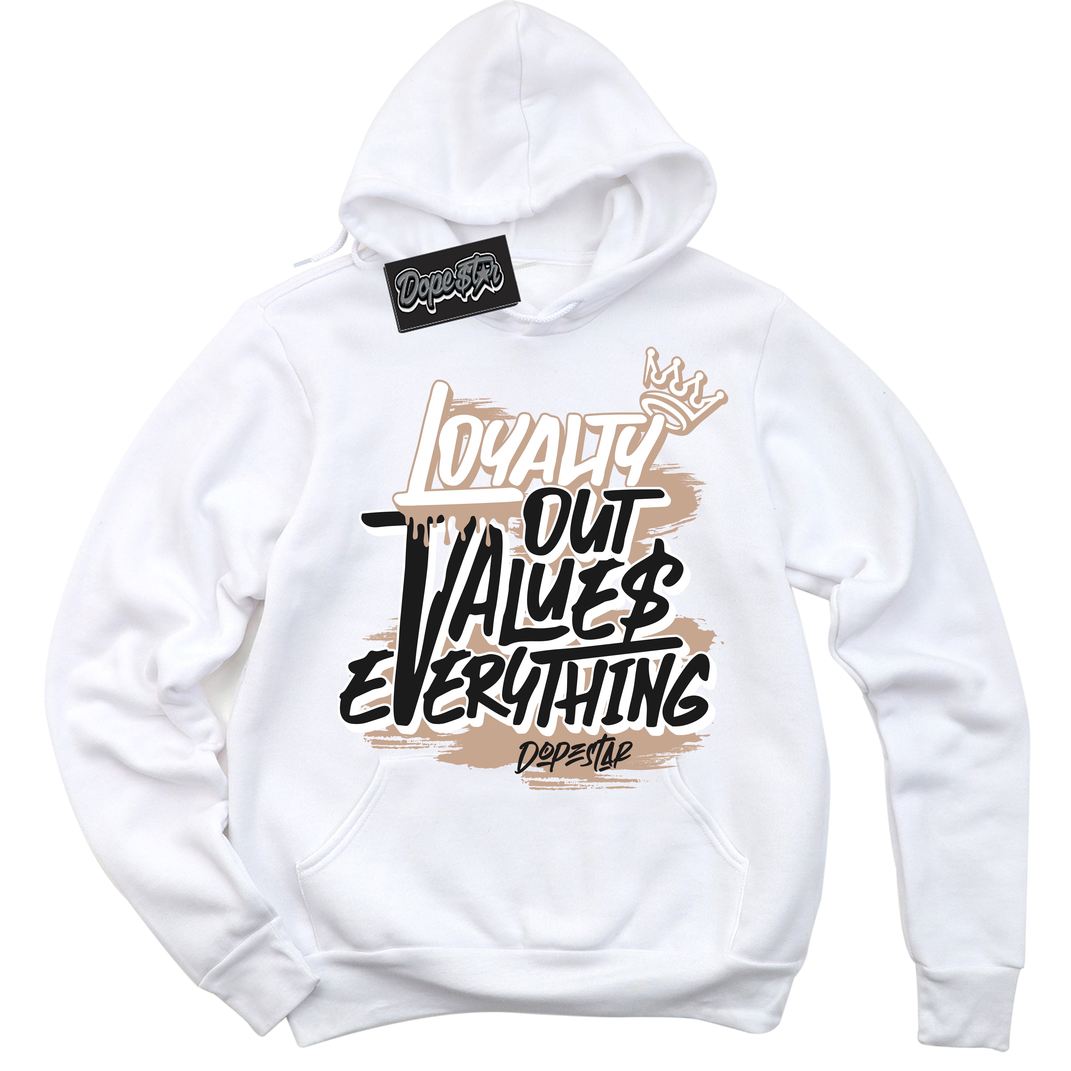 Cool White Hoodie with “ Loyalty Out Values Everything ” design that Perfectly Matches Gratitude 11s Sneakers.