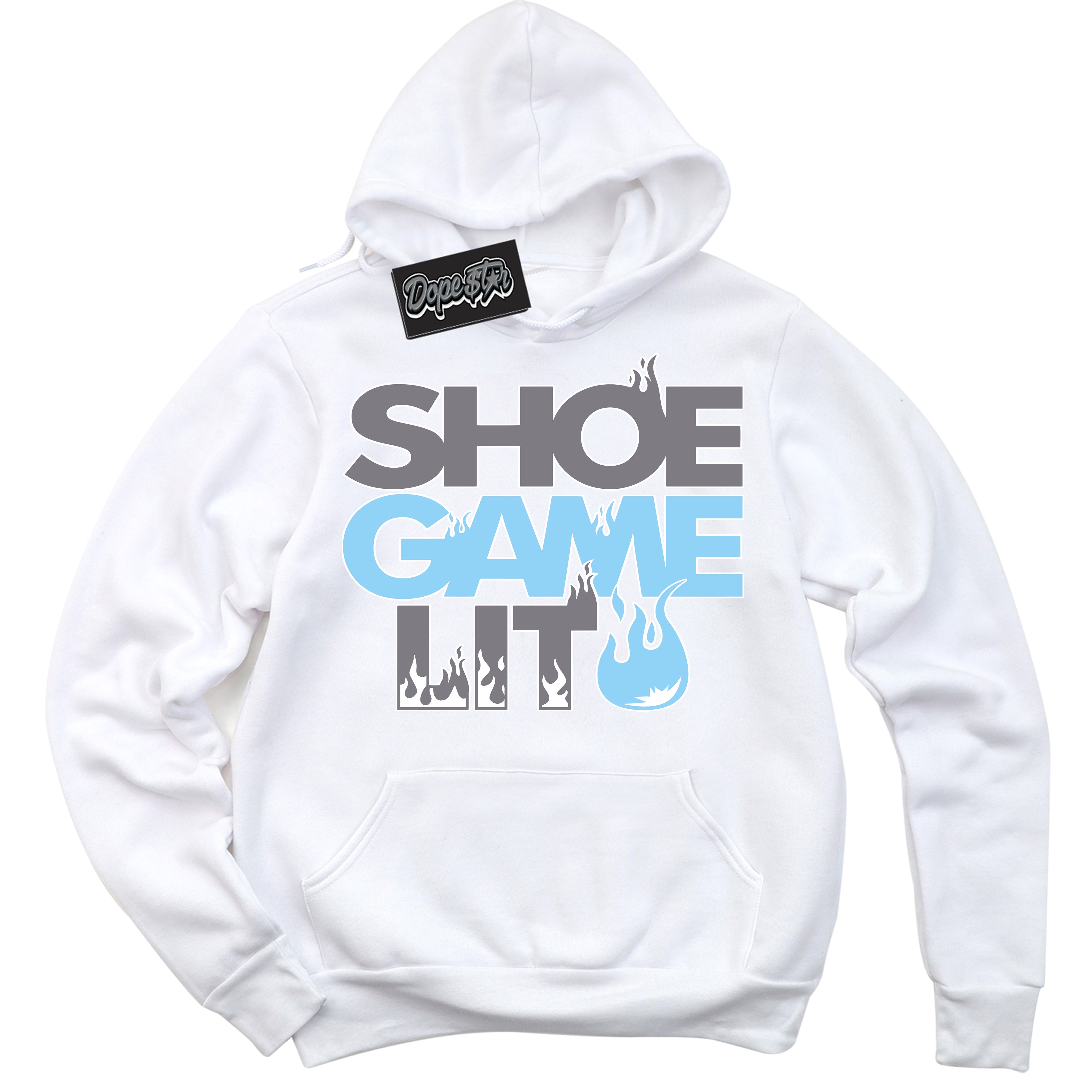Cool White Hoodie with “ Shoe Game Lit '' design that Perfectly Matches Cement Grey 11s Sneakers.