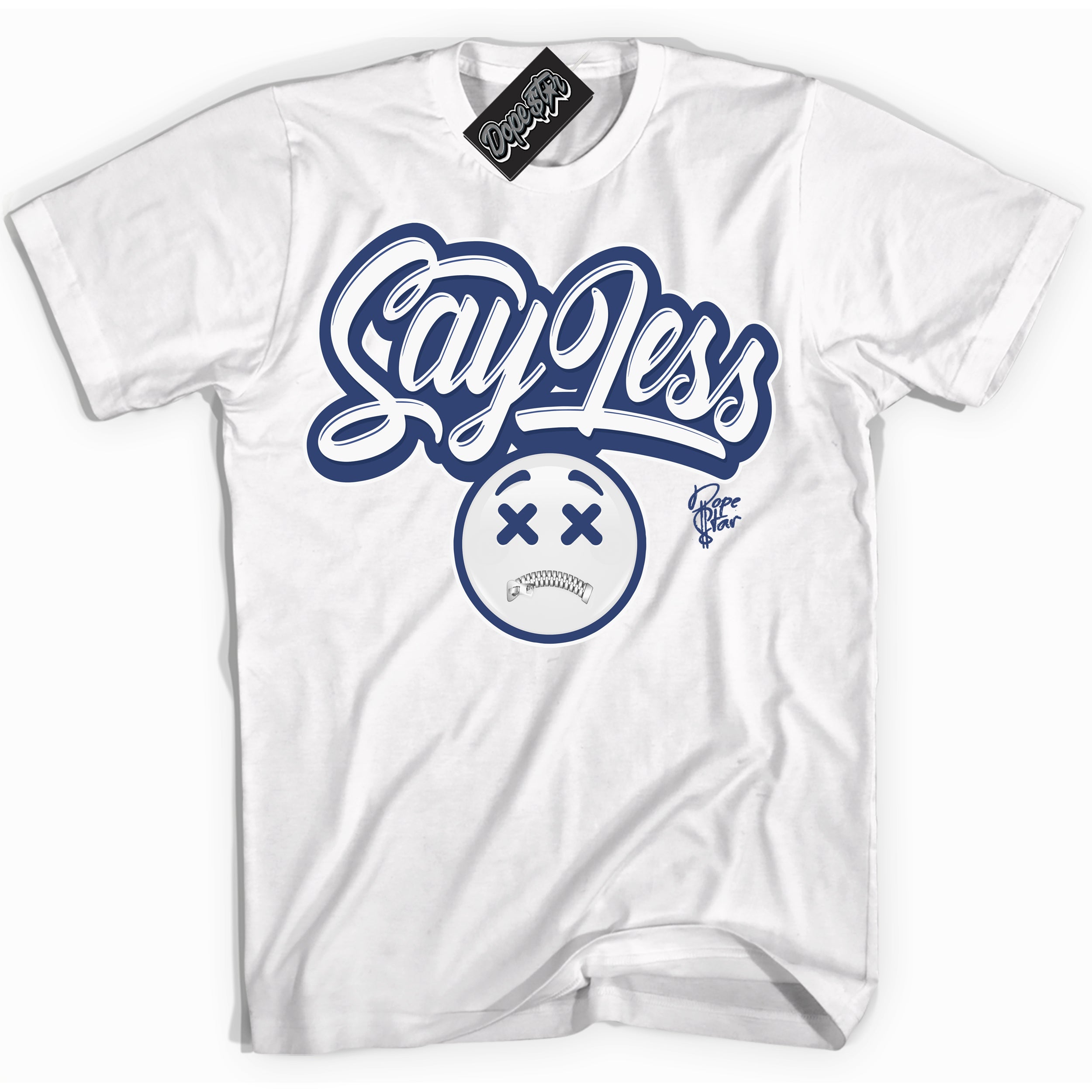Cool White Shirt with “ Say Less ” emoji design that perfectly matches Diffused Blue 11s Jordans.