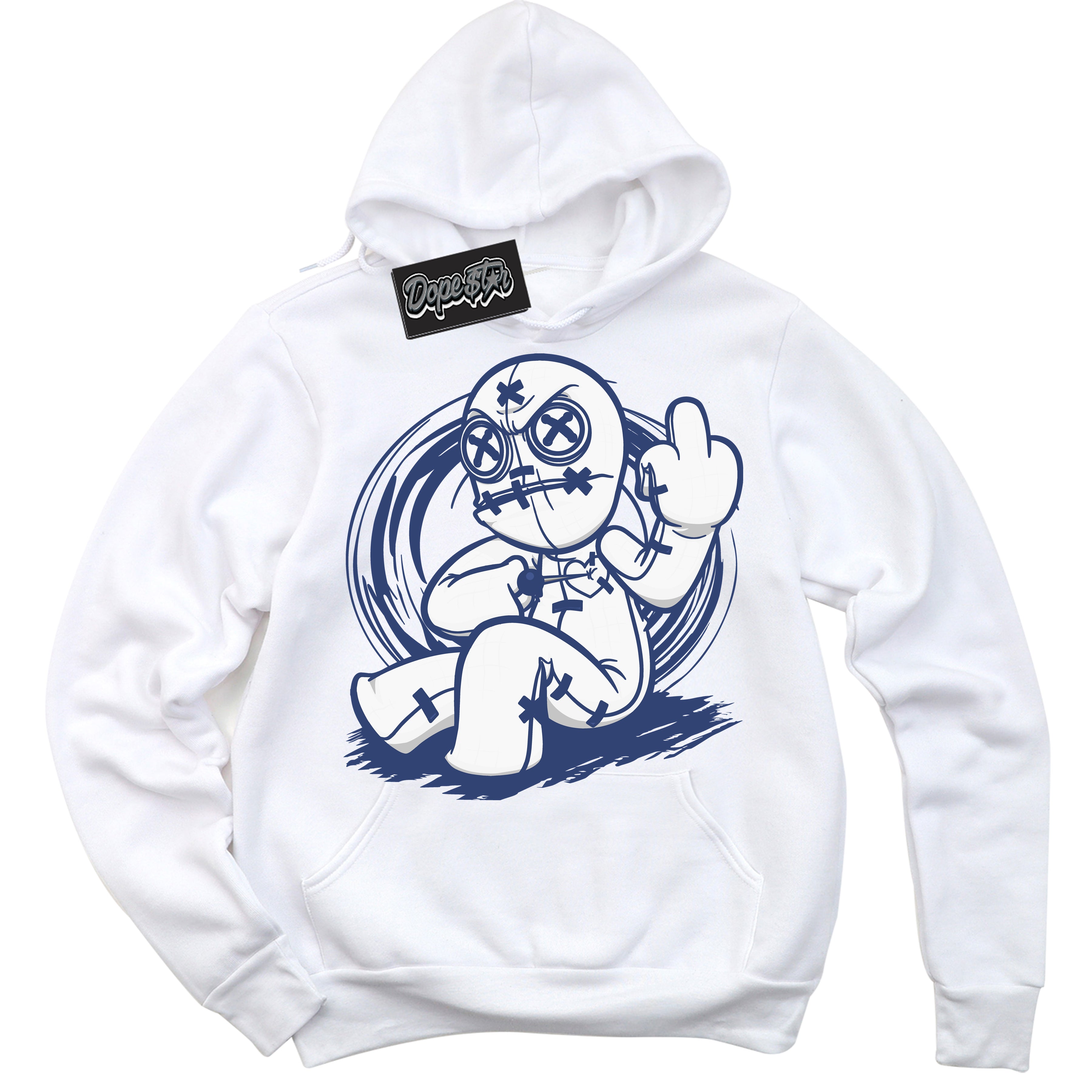 Cool White Hoodie with “ Voodoo Doll ” design that Perfectly Matches Diffused Blue 11s Jordans.