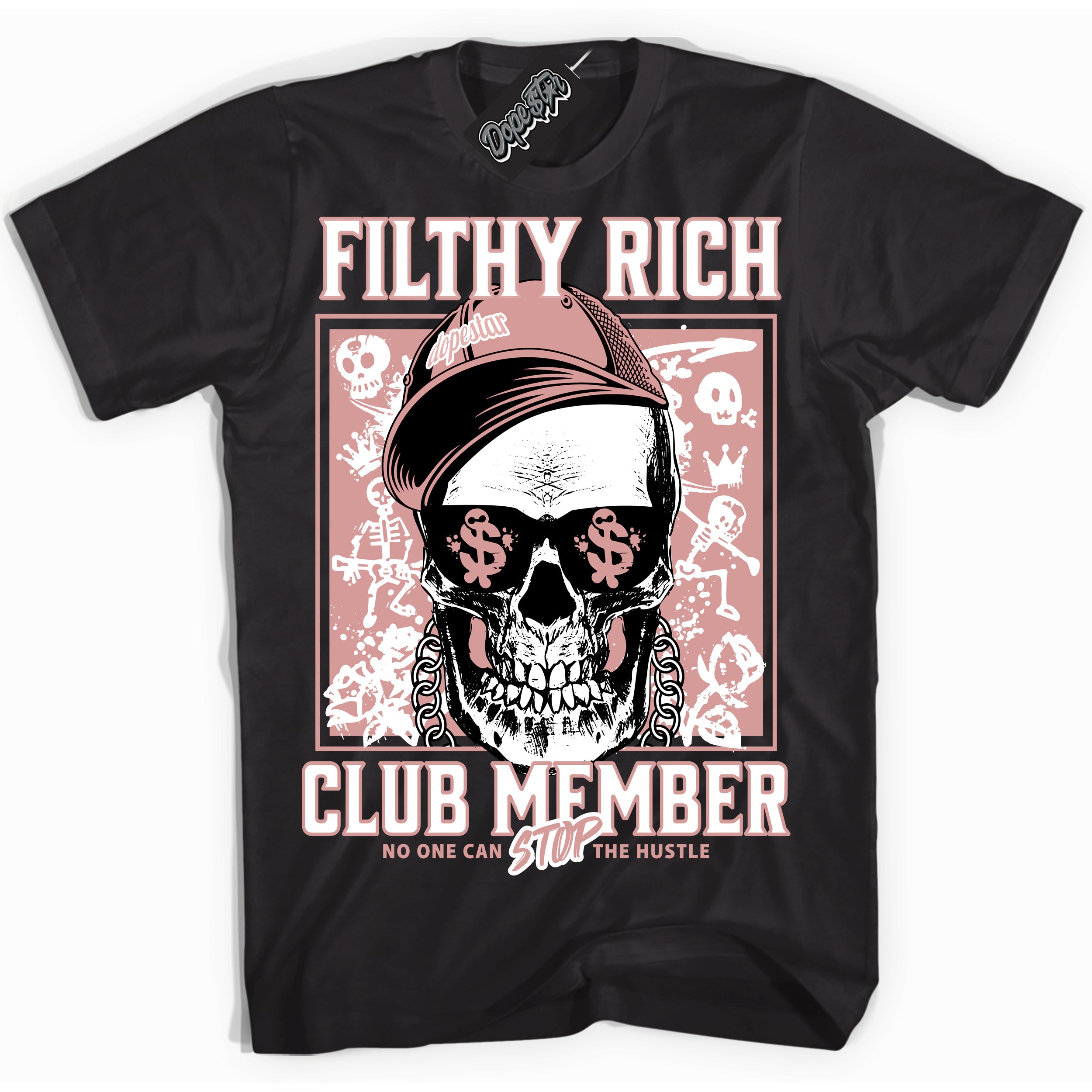 Cool Black Shirt with “ Filthy Rich” design that perfectly matches Legend Pink 11s Sneakers.