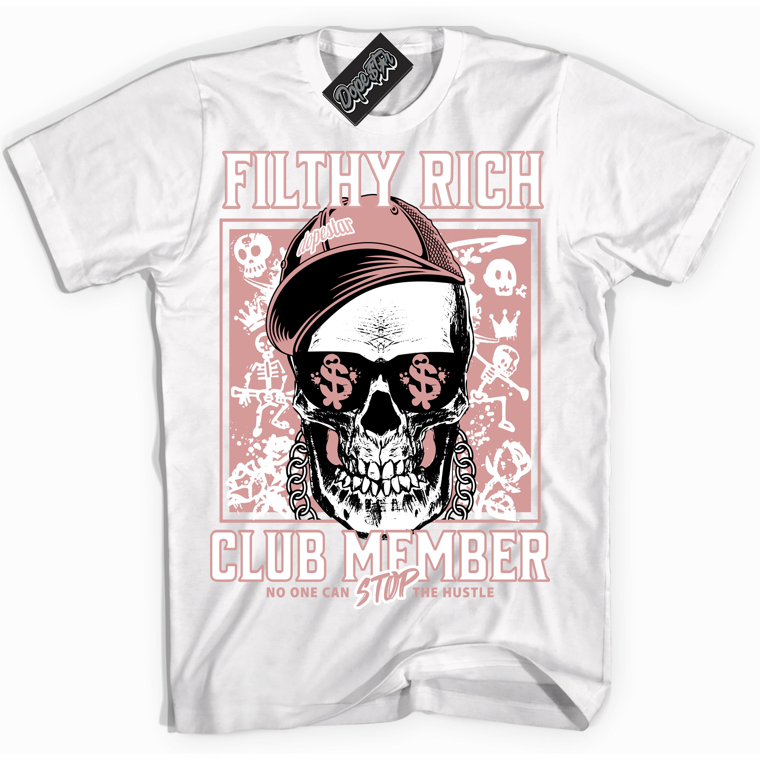 Cool White Shirt with “ Filthy Rich” design that perfectly matches Legend Pink 11s Sneakers.