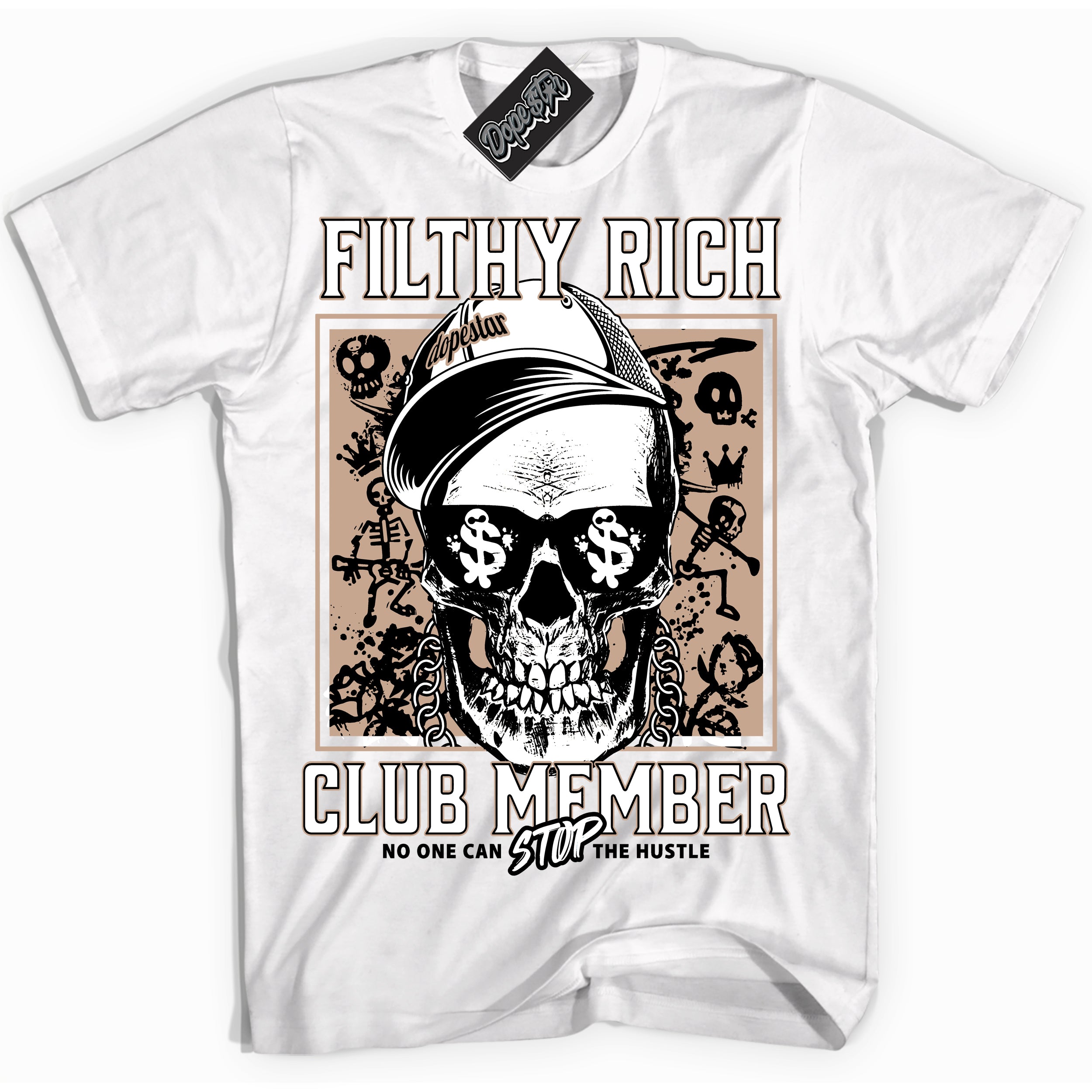 Cool White Shirt with “ Filthy Rich” design that perfectly matches Neapolitan 11s Sneakers.