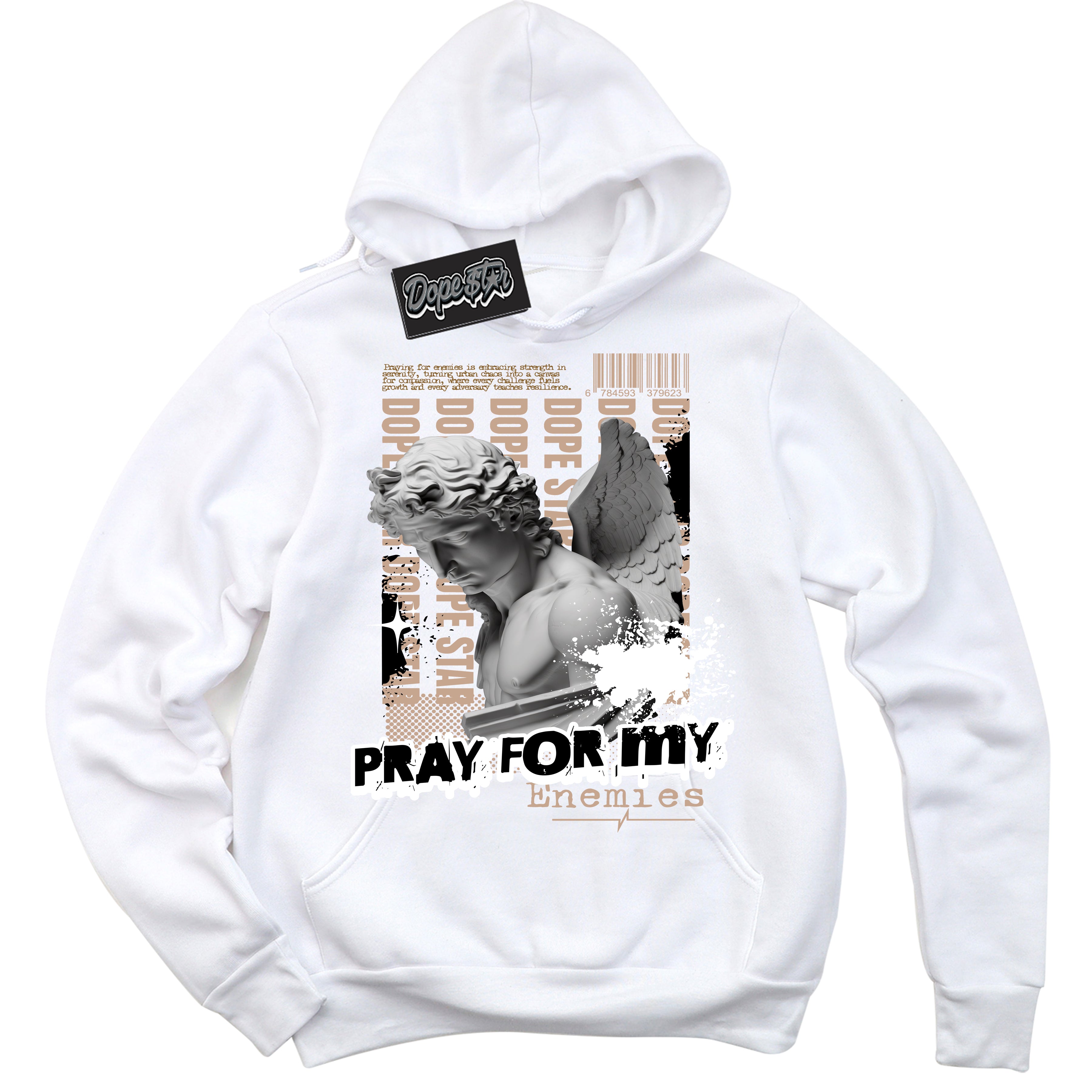 Cool White Hoodie with “ Pray Enemies ” design that Perfectly Matches Neapolitan 11s Sneakers.