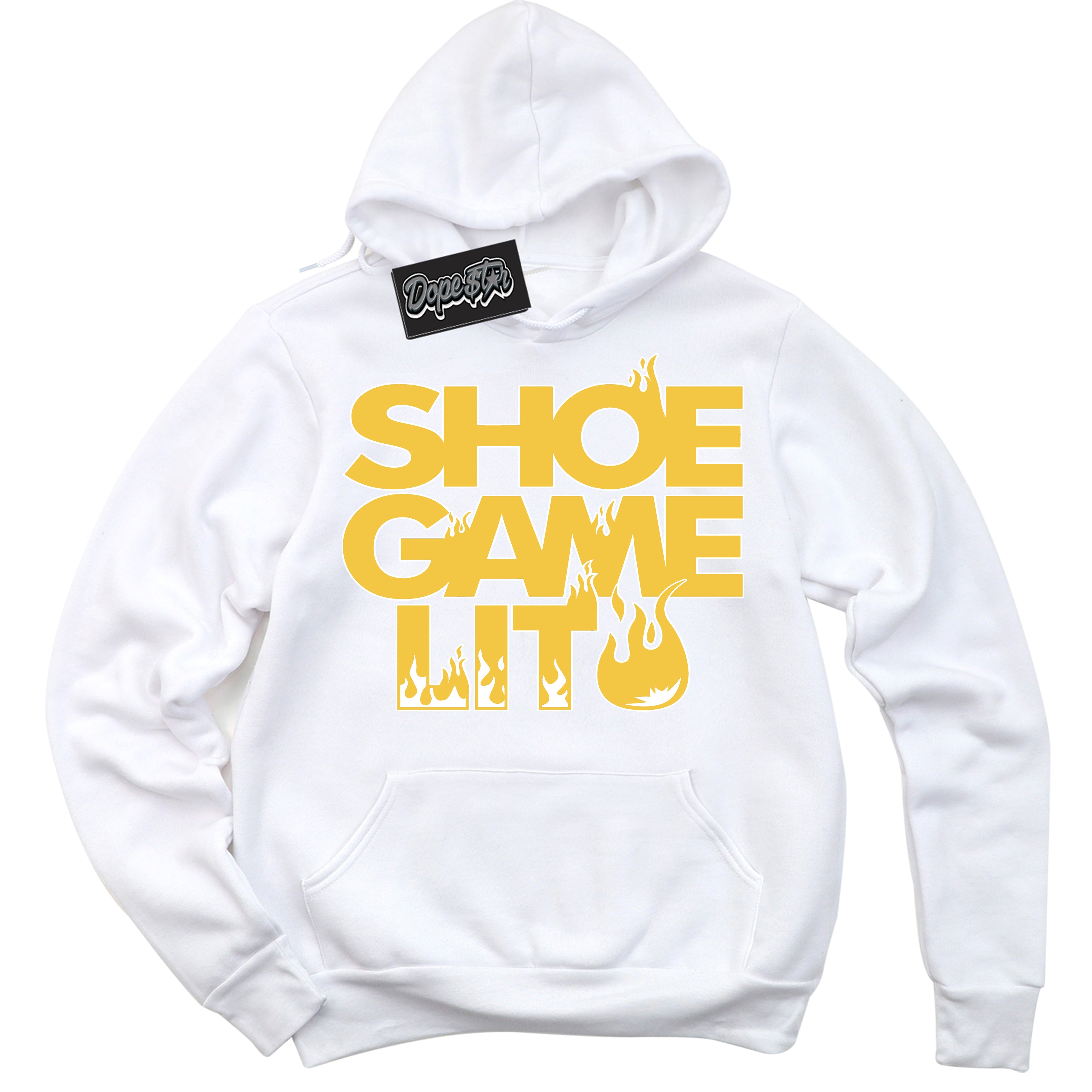 Cool White Hoodie with “ Shoe Game Lit ” design that Perfectly Matches Tour Yellow Snakeskin 11s Sneakers.