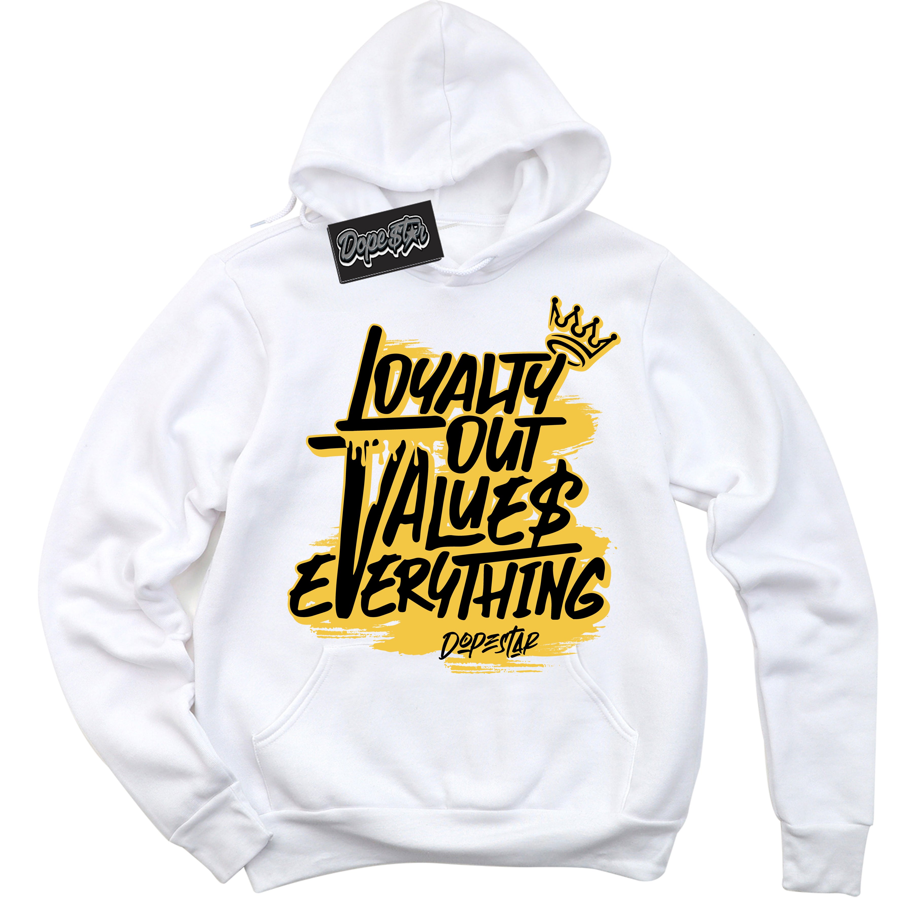 Cool White Hoodie with “ Loyalty Out Values Everything ” design that Perfectly Matches Black Taxi 12s Sneakers.