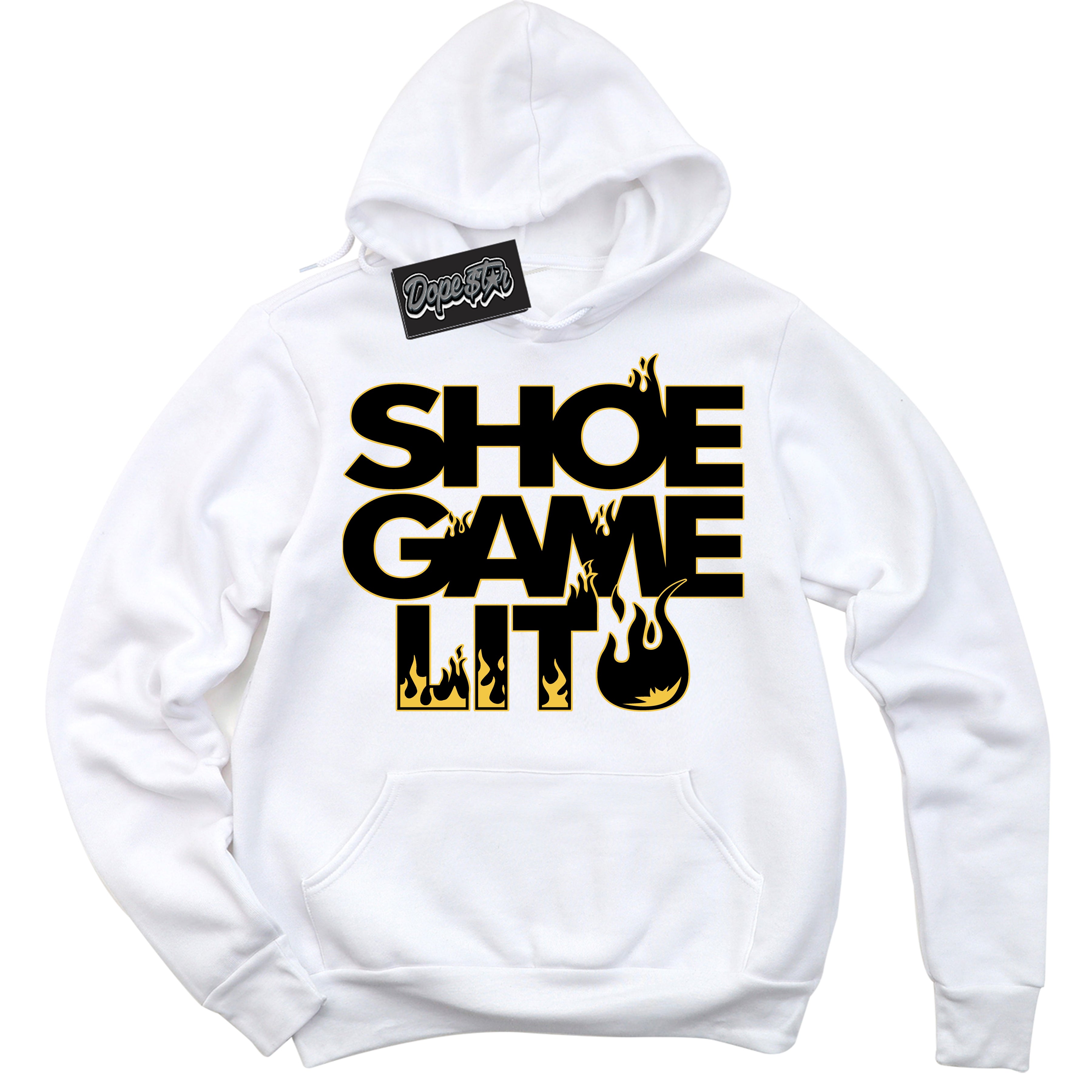 Cool White Hoodie with “ Shoe Game Lit '' design that Perfectly Matches Black Taxi 12s Sneakers.