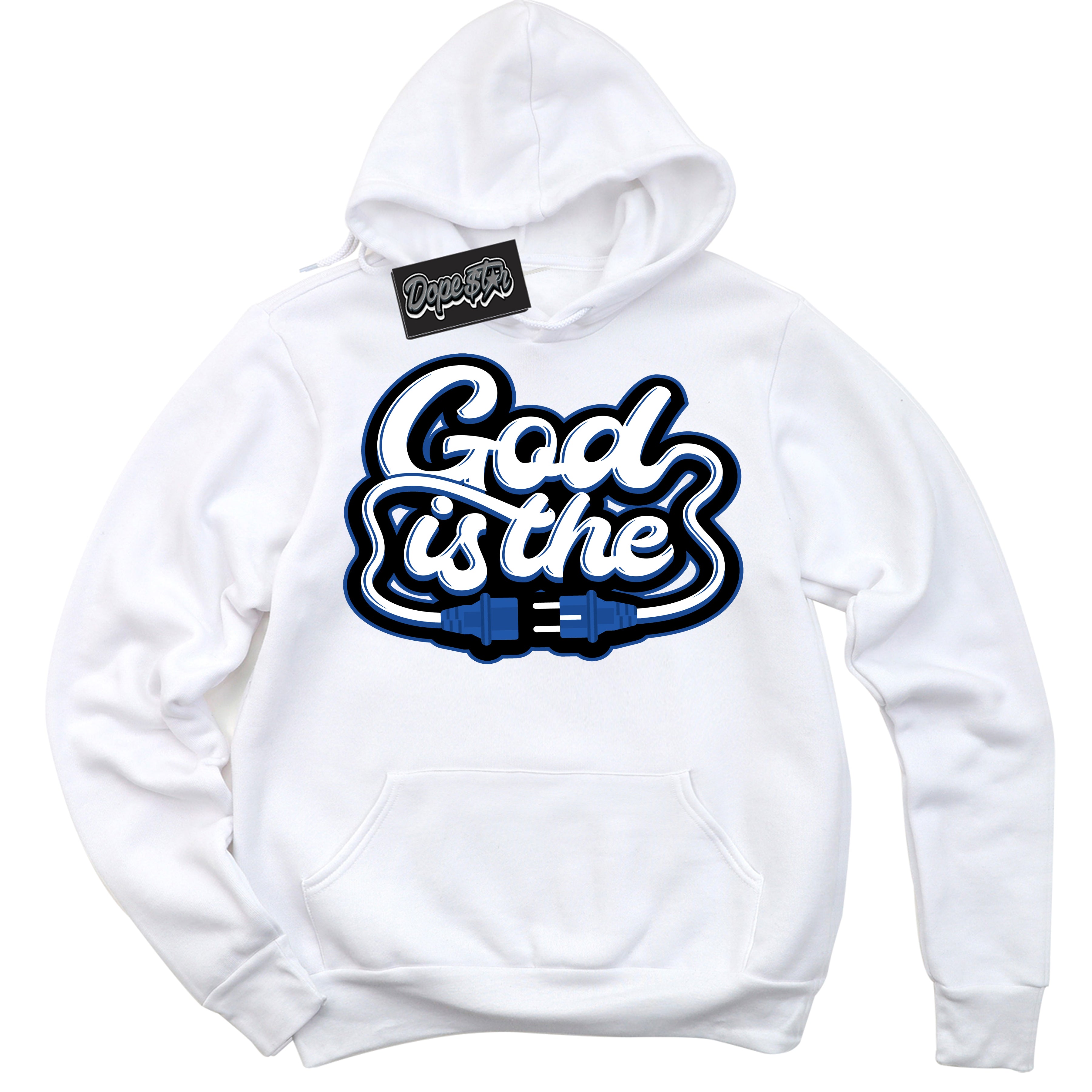 AJ12 Retro Blueberry ‘God Is The’ – White Streetwear Hoodie | Sneaker Matching sweatshirt for AJ12 Retro Blueberry | Men's and Women's Streetwear Graphic Hoodie by Sneaker Shirts Outlet.