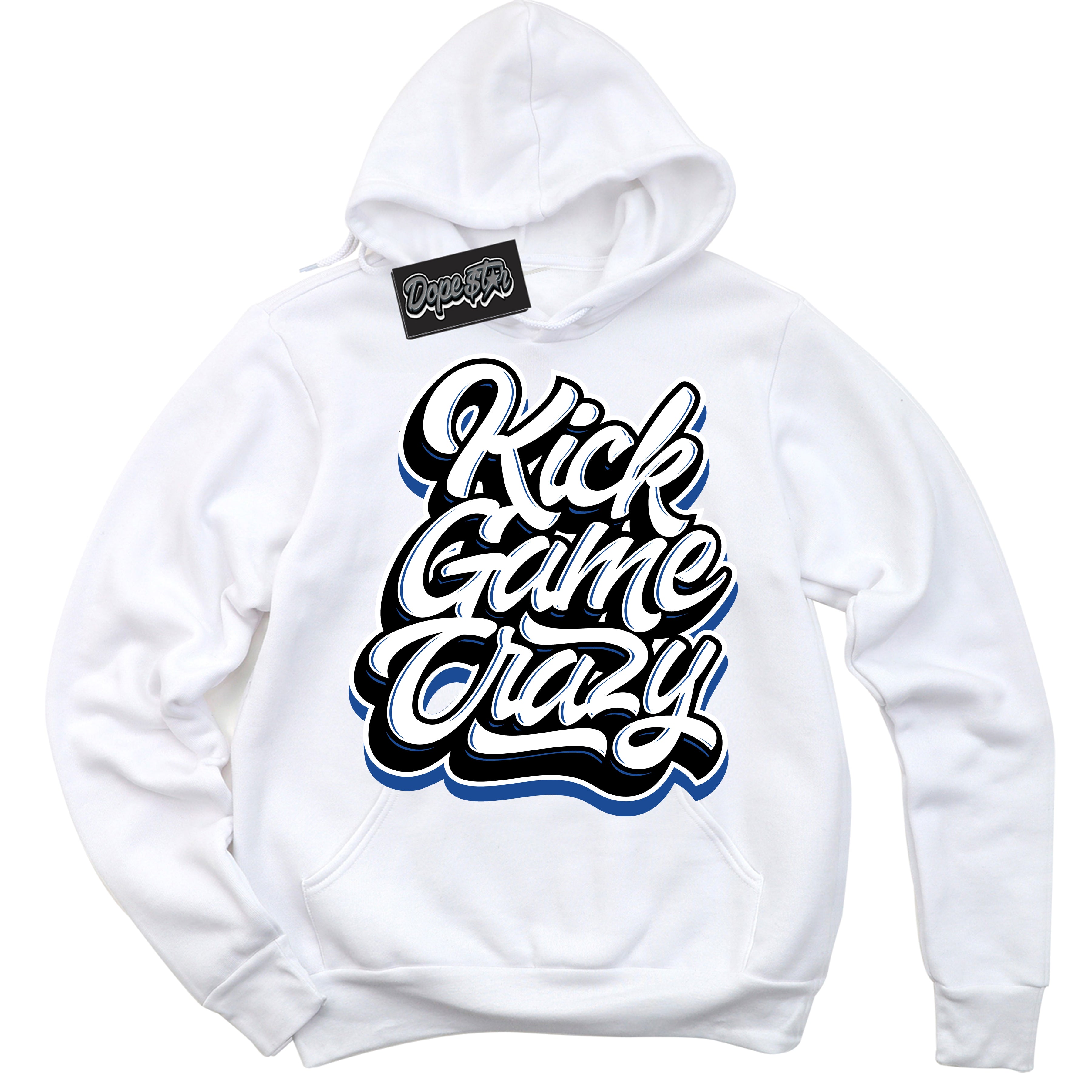 AJ12 Retro Blueberry ‘Kick Game Crazy’ – White Streetwear Hoodie | Sneaker Matching sweatshirt for AJ12 Retro Blueberry | Men's and Women's Streetwear Graphic Hoodie by Sneaker Shirts Outlet.