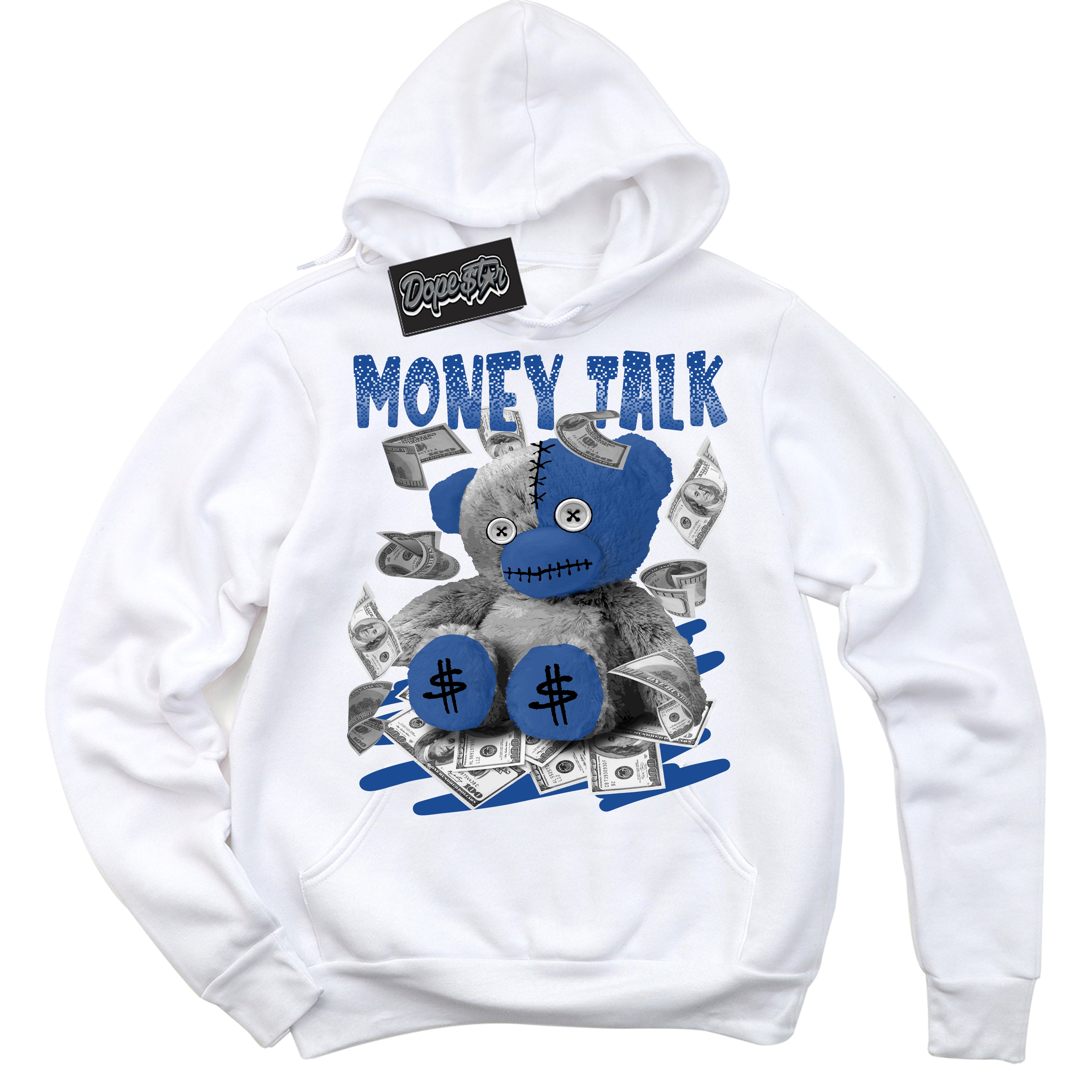 AJ12 Retro Blueberry ‘Money Talk Bear’ – White Streetwear Hoodie | Sneaker Matching sweatshirt for AJ12 Retro Blueberry | Men's and Women's Streetwear Graphic Hoodie by Sneaker Shirts Outlet.