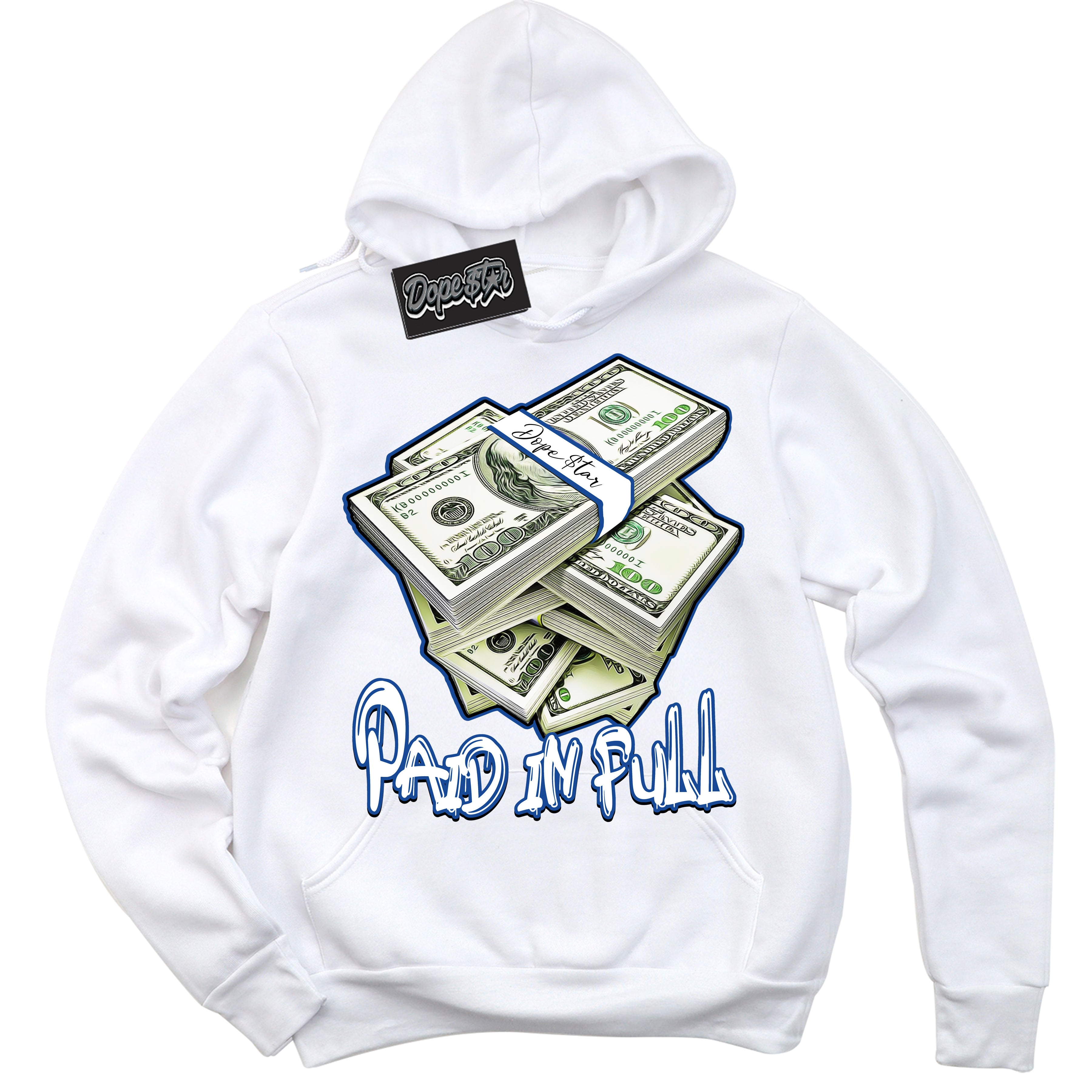 AJ12 Retro Blueberry ‘Paid In Full’ – White Streetwear Hoodie | Sneaker Matching sweatshirt for AJ12 Retro Blueberry | Men's and Women's Streetwear Graphic Hoodie by Sneaker Shirts Outlet.