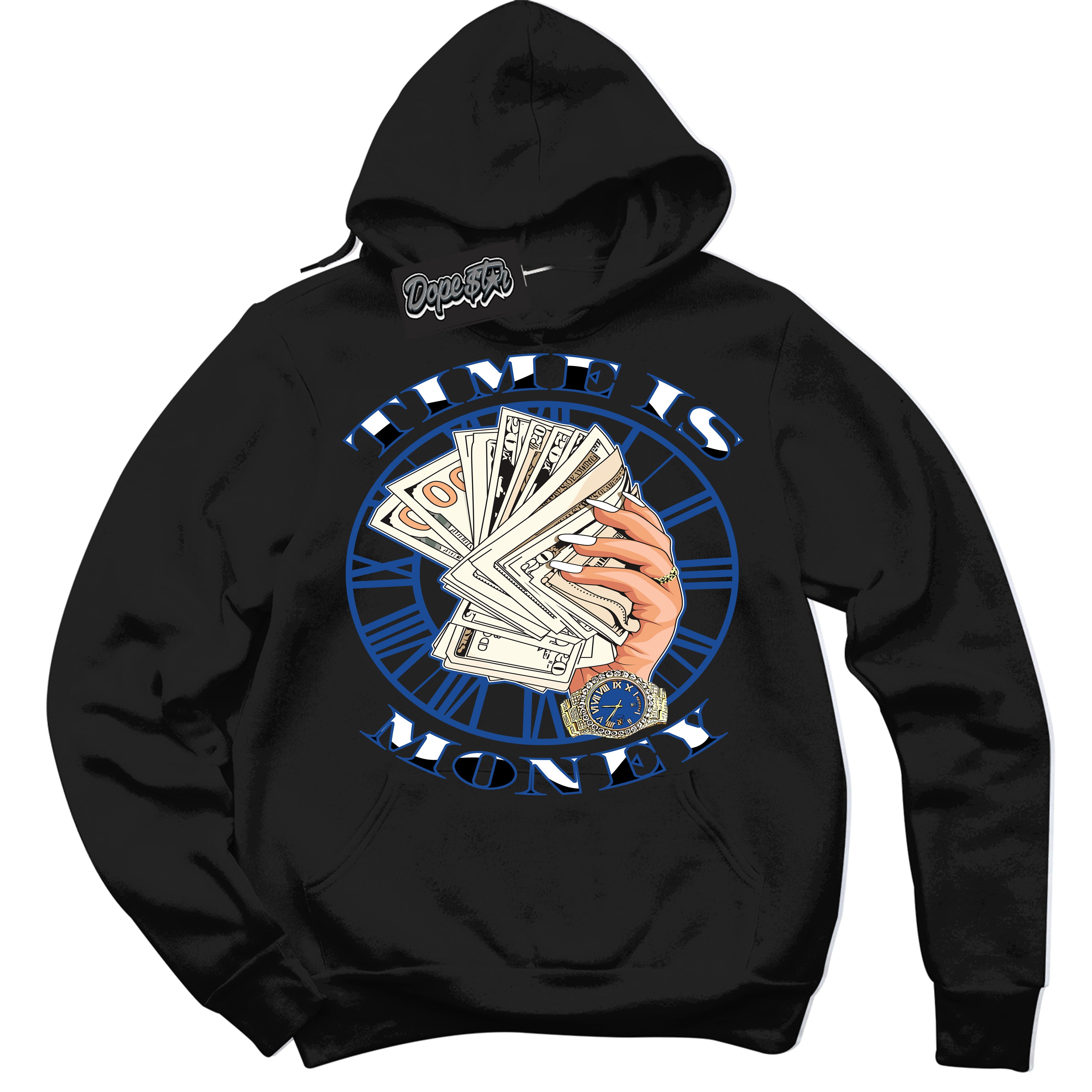 AJ12 Retro Blueberry ‘Time Is Money’ – Black Streetwear Hoodie | Sneaker Matching sweatshirt for AJ12 Retro Blueberry | Men's and Women's Streetwear Graphic Hoodie by Sneaker Shirts Outlet.