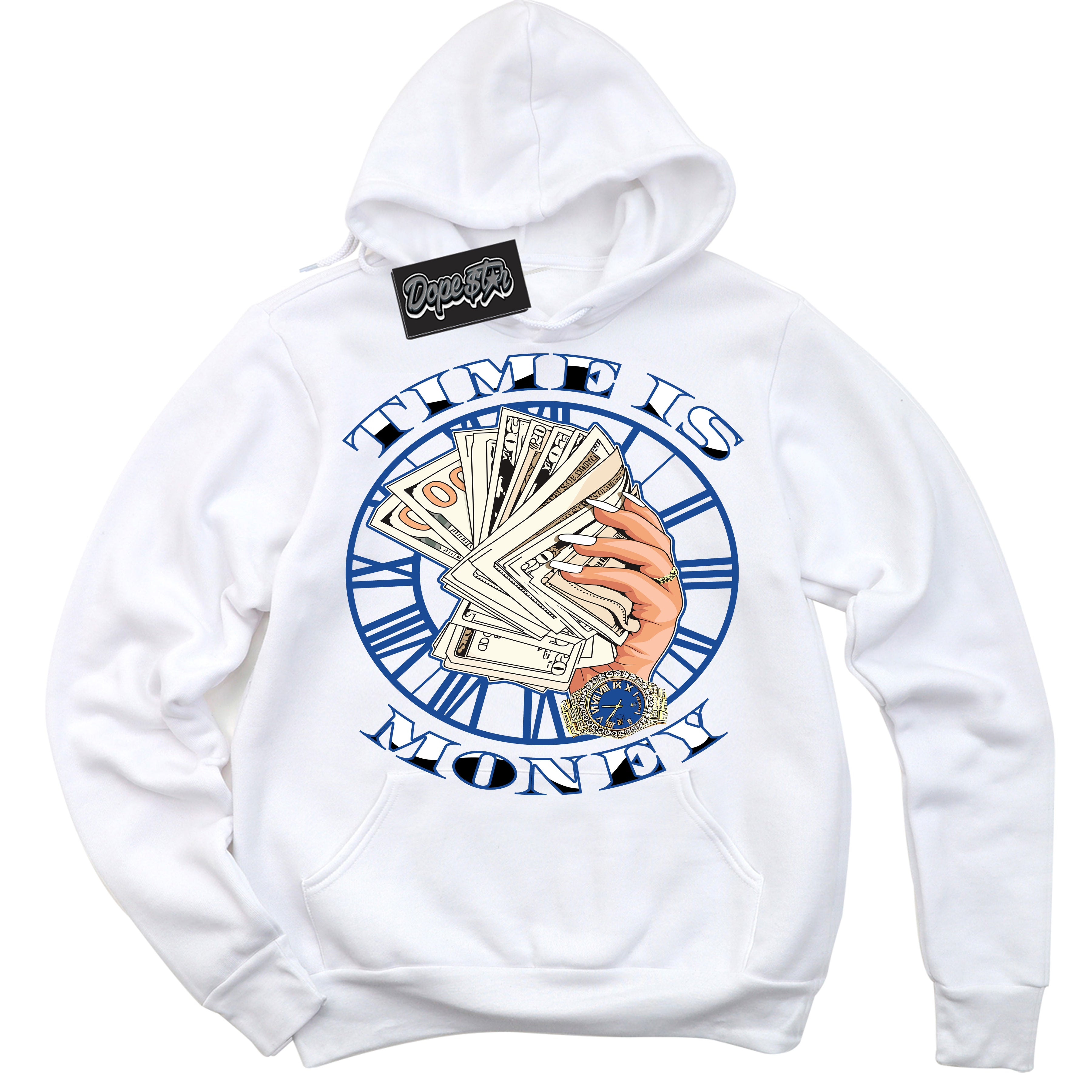 AJ12 Retro Blueberry ‘Time Is Money’ – White Streetwear Hoodie | Sneaker Matching sweatshirt for AJ12 Retro Blueberry | Men's and Women's Streetwear Graphic Hoodie by Sneaker Shirts Outlet.