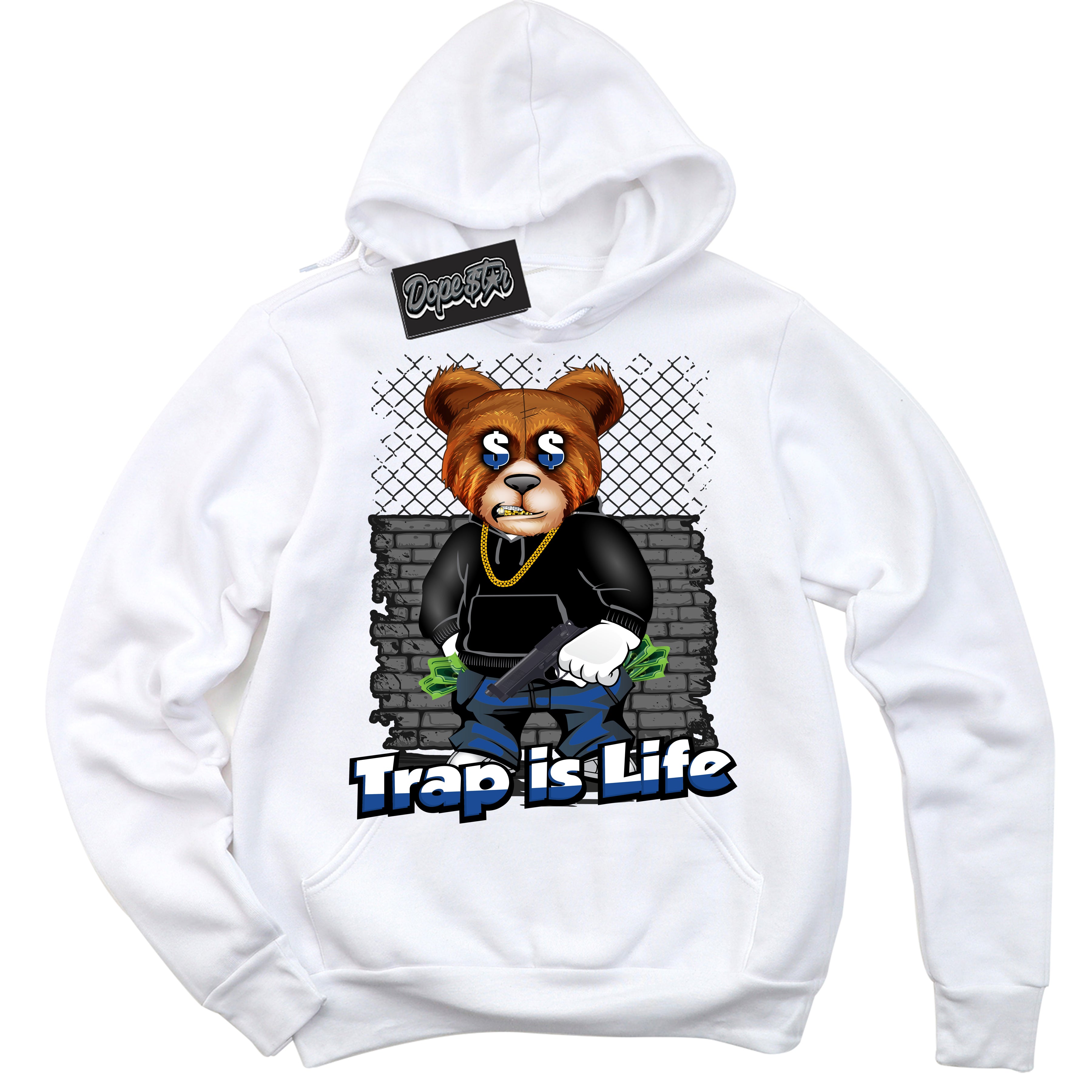 AJ12 Retro Blueberry ‘Trap Is Life’ – White Streetwear Hoodie | Sneaker Matching sweatshirt for AJ12 Retro Blueberry | Men's and Women's Streetwear Graphic Hoodie by Sneaker Shirts Outlet.