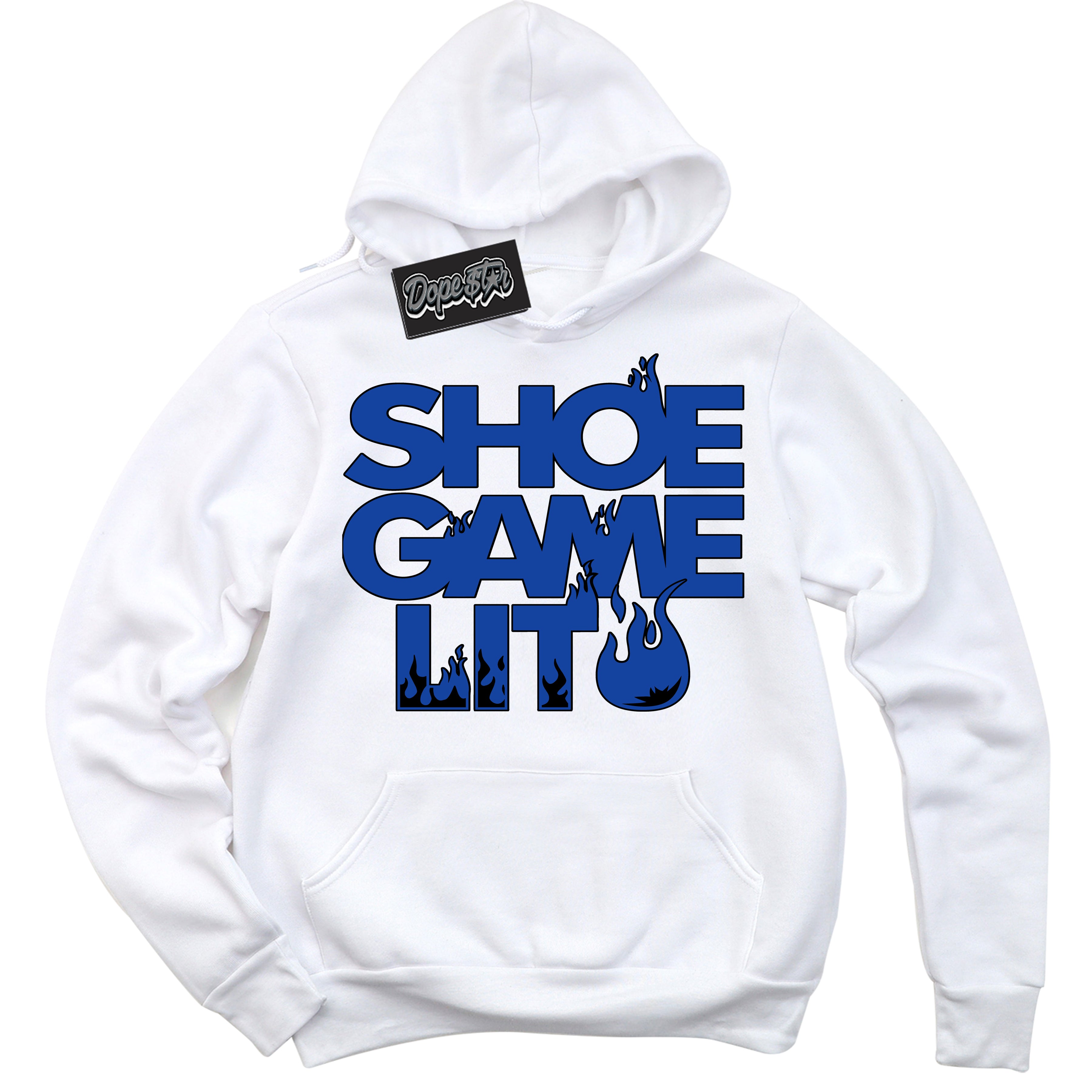 Cool White Hoodie with “ Shoe Game Lit '' design that Perfectly Matches Black Game Royal 12s Sneakers.