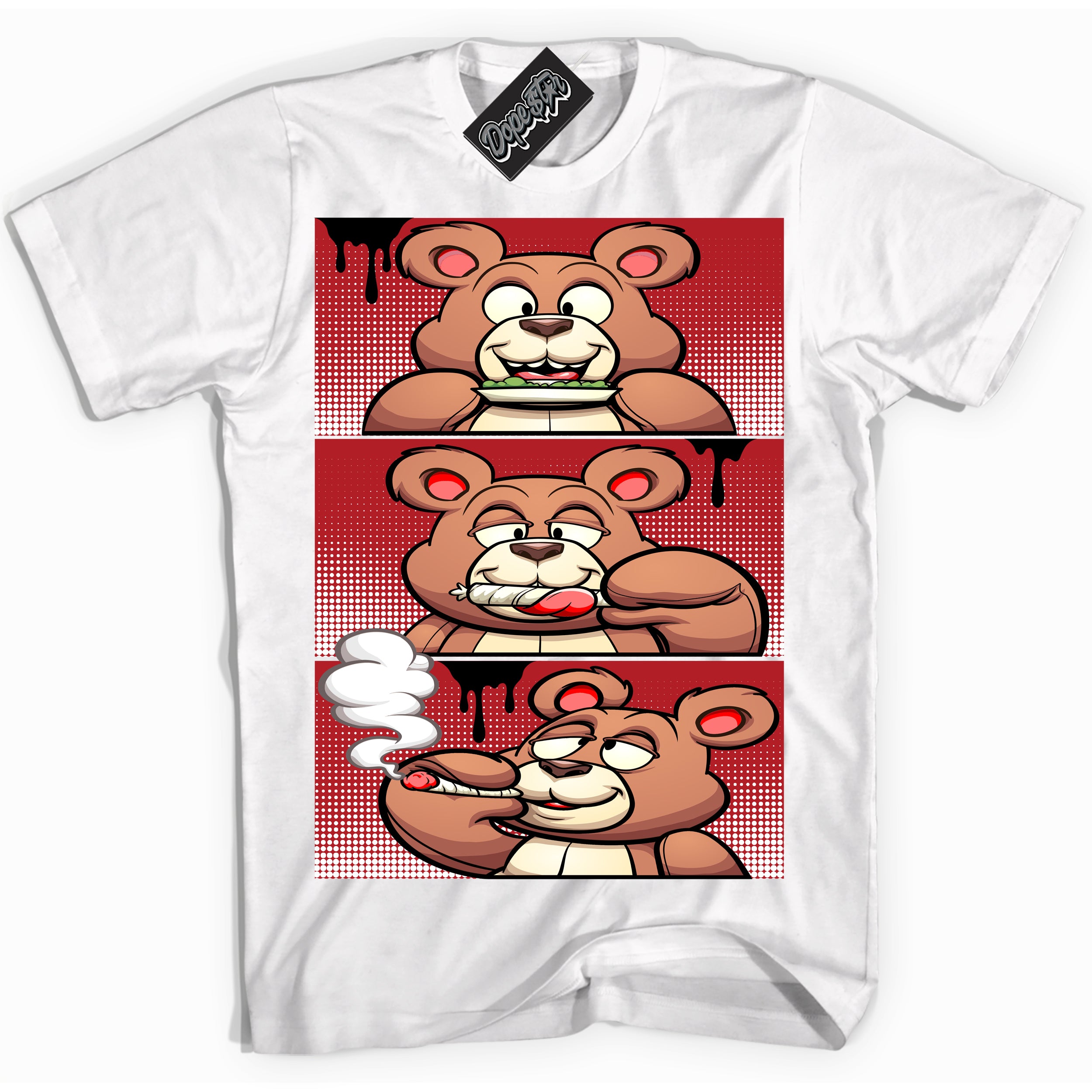 Cool White Shirt with “ Roll It Lick It Smoke It Bear” design that perfectly matches Taxi Flip 12s Sneakers.