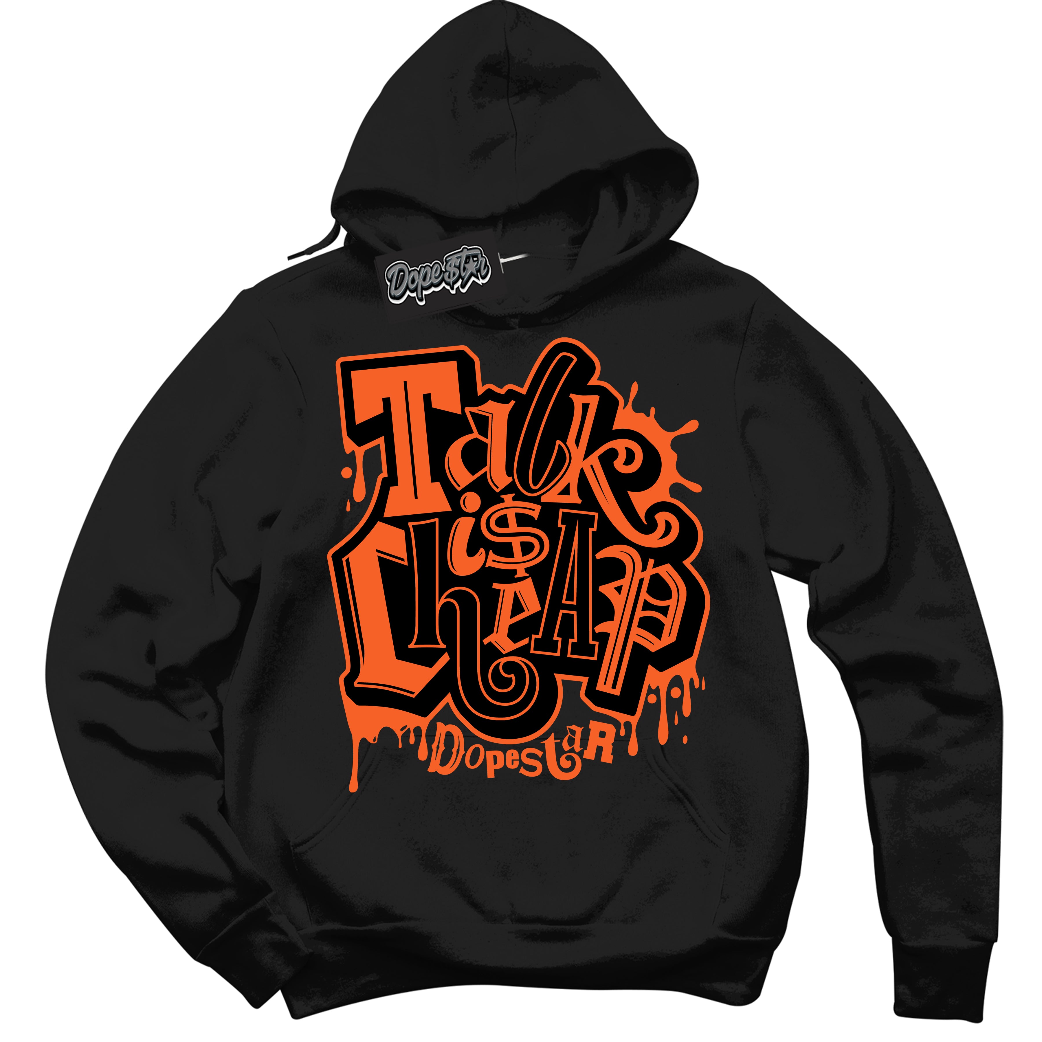 Cool Black Hoodie with “ Talk Is Cheap ” design that Perfectly Matches Brilliant Orange 12s Sneakers.