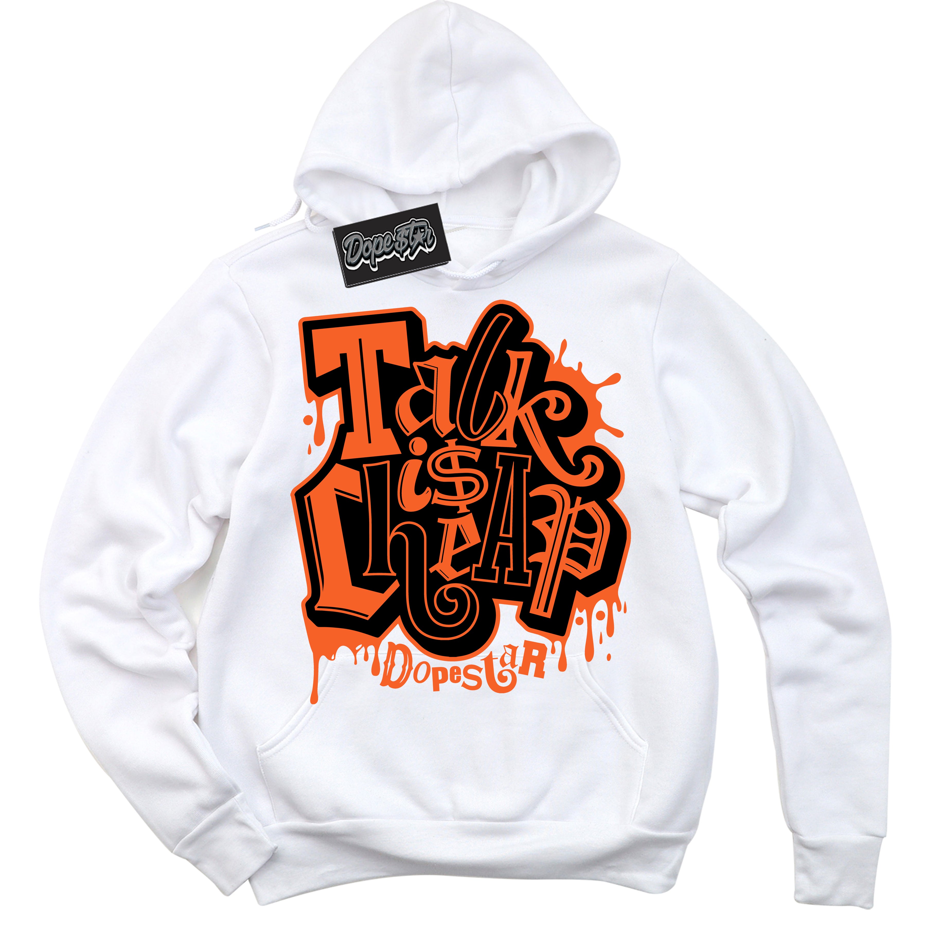 Cool White Hoodie with “ Talk Is Cheap ” design that Perfectly Matches Brilliant Orange 12s Sneakers.