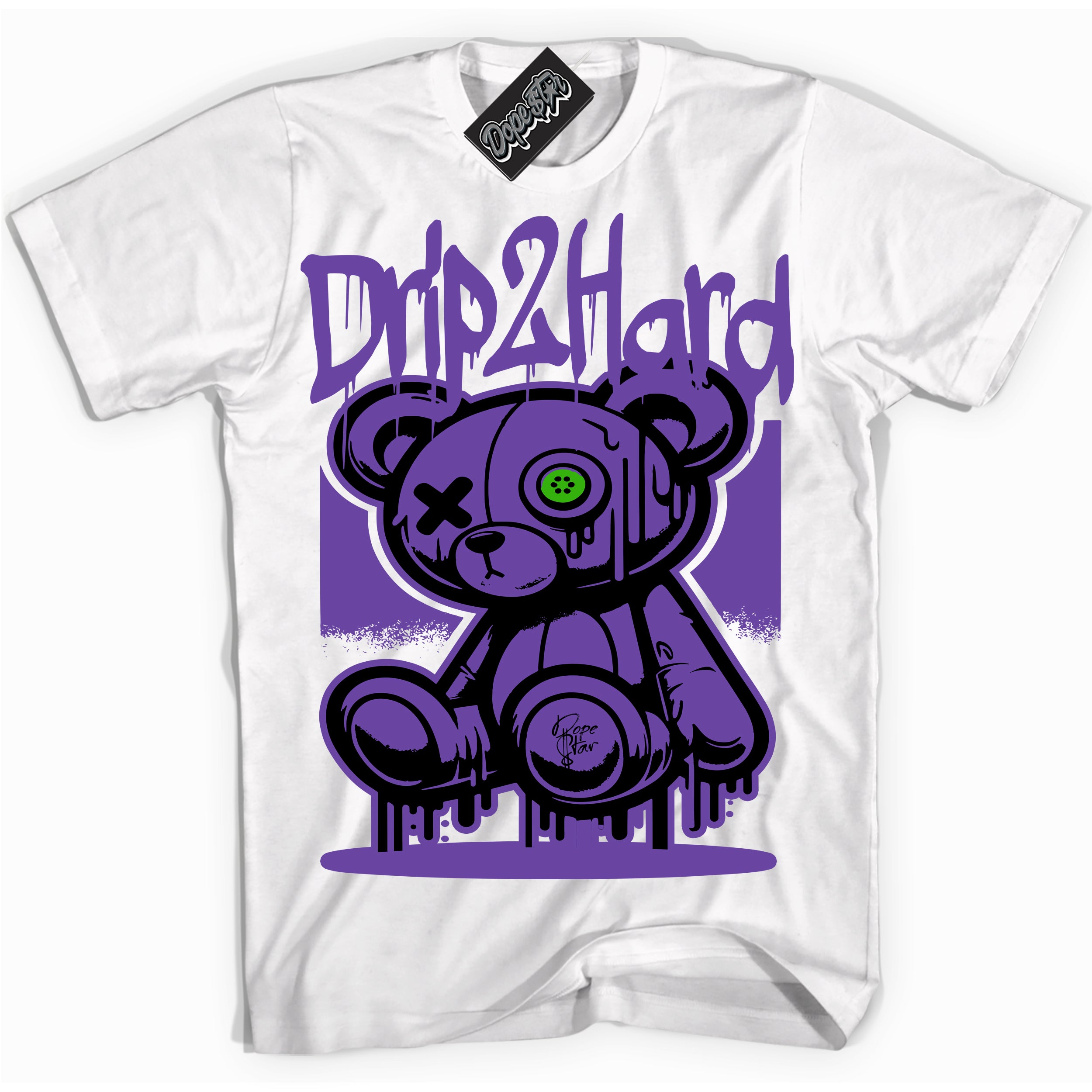 Cool White graphic tee with “ Drip 2 Hard ” design, that perfectly matches Court Purple 13s