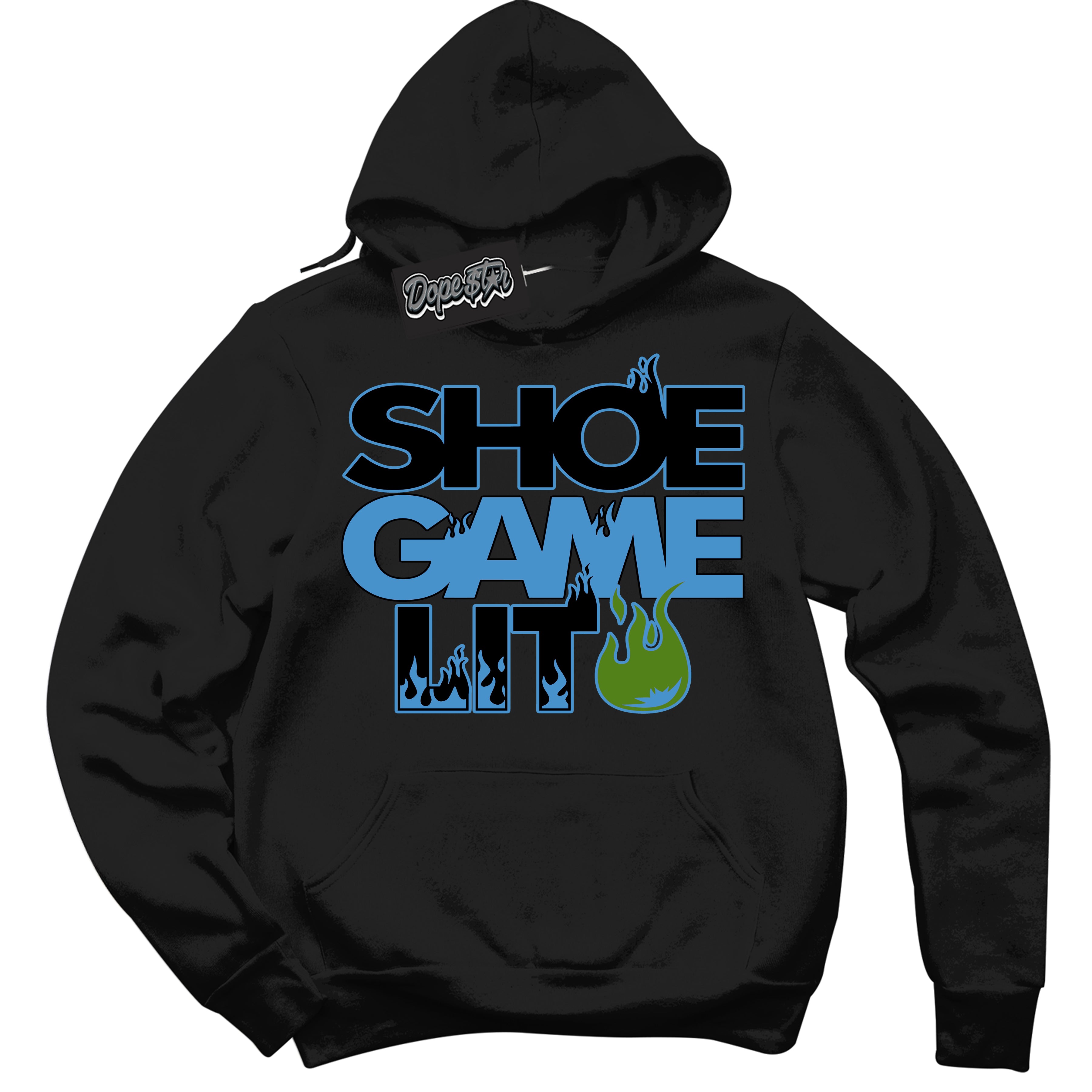 Cool Black Hoodie with “ Shoe Game Lit '' design that Perfectly Matches Black University Blue 13s Sneakers.